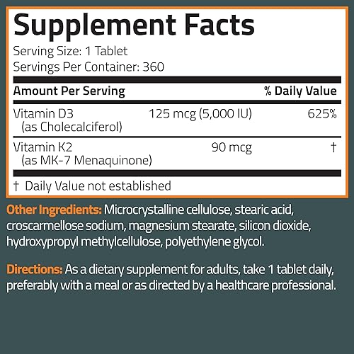 Vista 13 de Bronson Suplemento de vitamina K2 D3 (MK7) Fórmula sin OMG Vitamina D3 5000IU (125 mcg) y 90 mcg K2 MK-7, complejo D y K fácil de tragar, 120