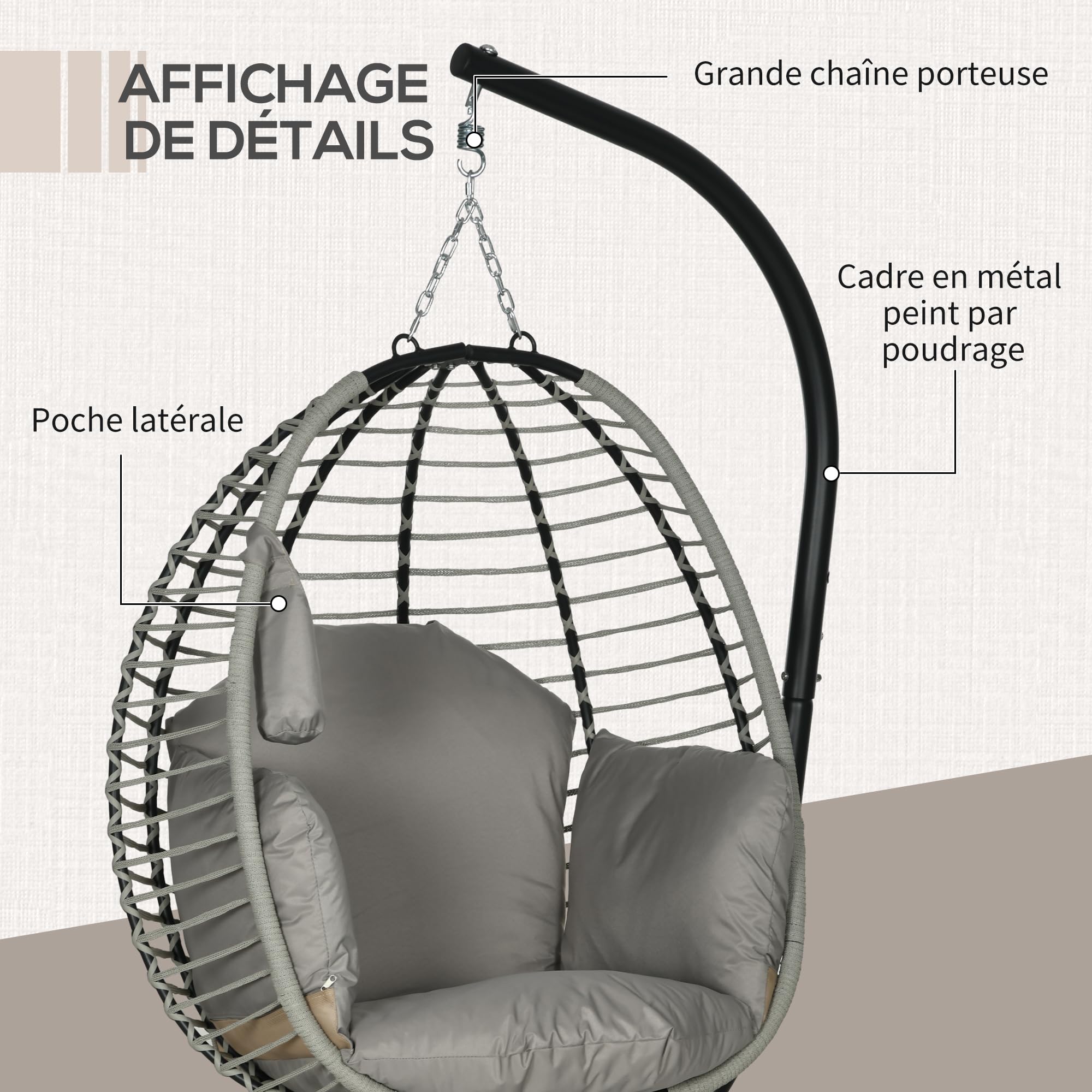 Outsunny Fauteuil œuf Suspendu balancelle Pliante avec Coussin et Support Usage intérieur extérieur métal Corde en polypropylène dim. 110L x 100l x 188H cm Gris