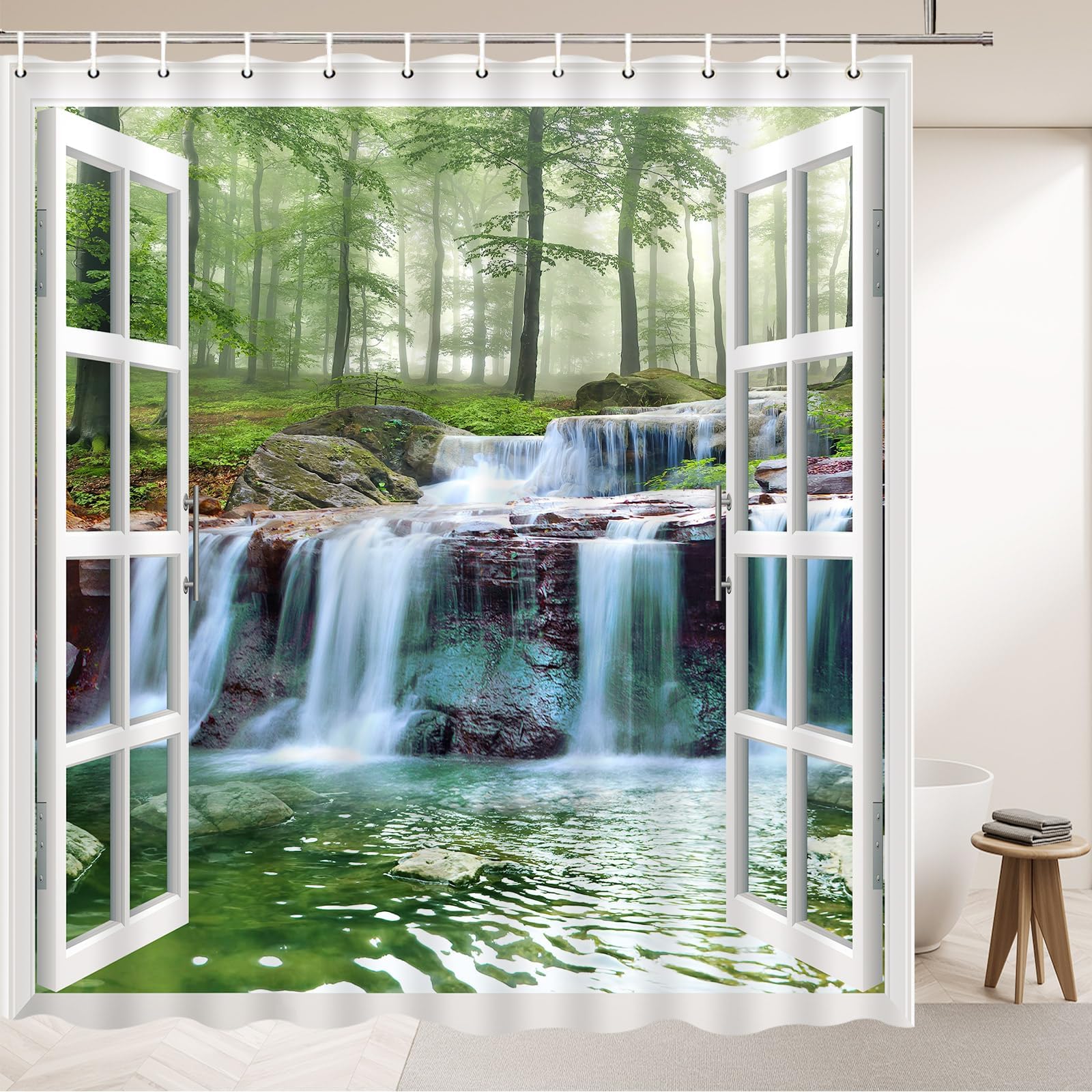 Rideau de Douche Cascades 260 x 200 cm, décor extérieur de fenêtre, forêt Verte ensoleillée, décoration de Salle de Bain, Tissu Polyester, Ensemble de Rideau de Douche avec Crochets