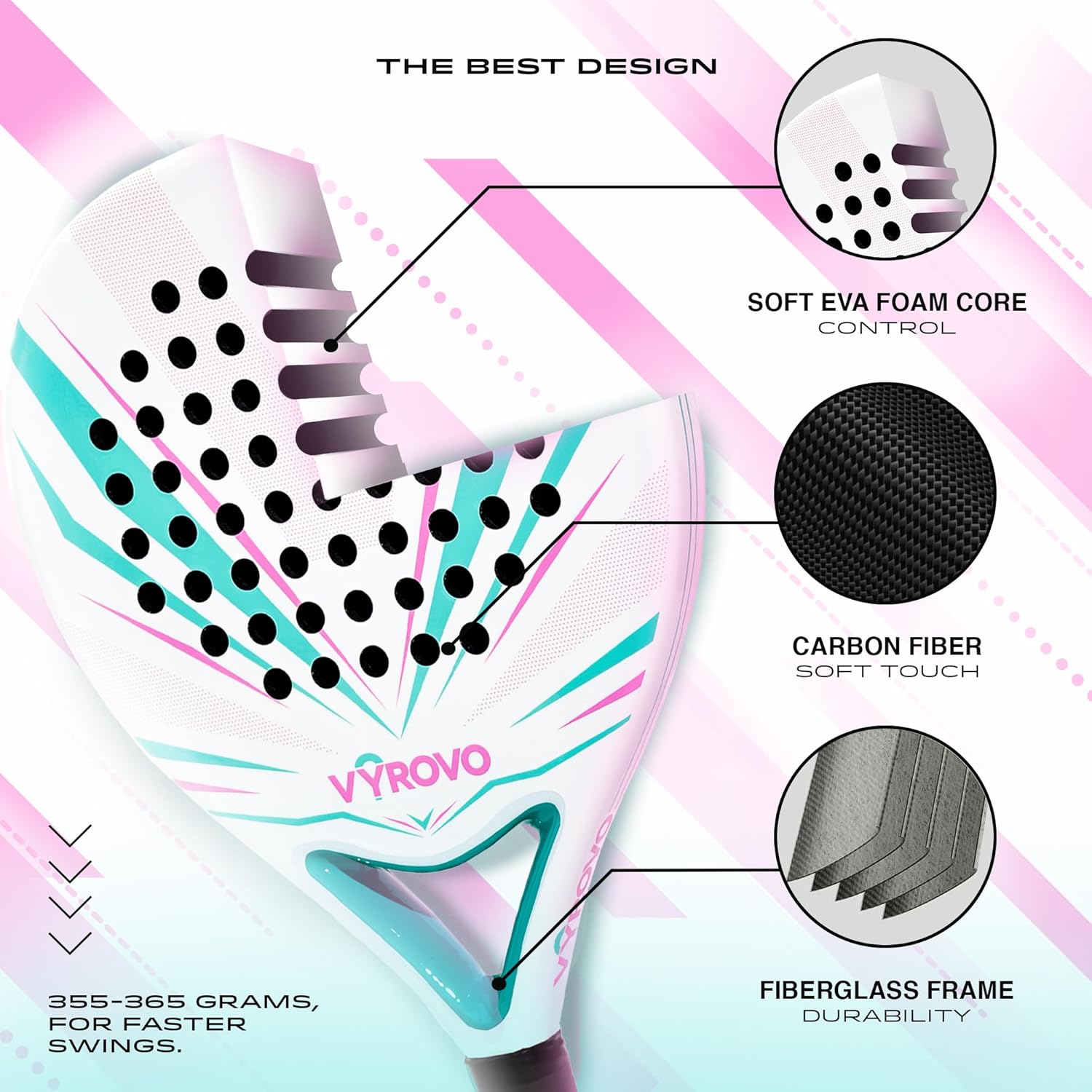 Carbon Halo EVA Soft Core Round Shape Padel Racket (38MM) | Featuring a Carbon Fiber | Perfect Balanced for Comfort & Power | Head Precision for Starters & Intermediate Players (White)