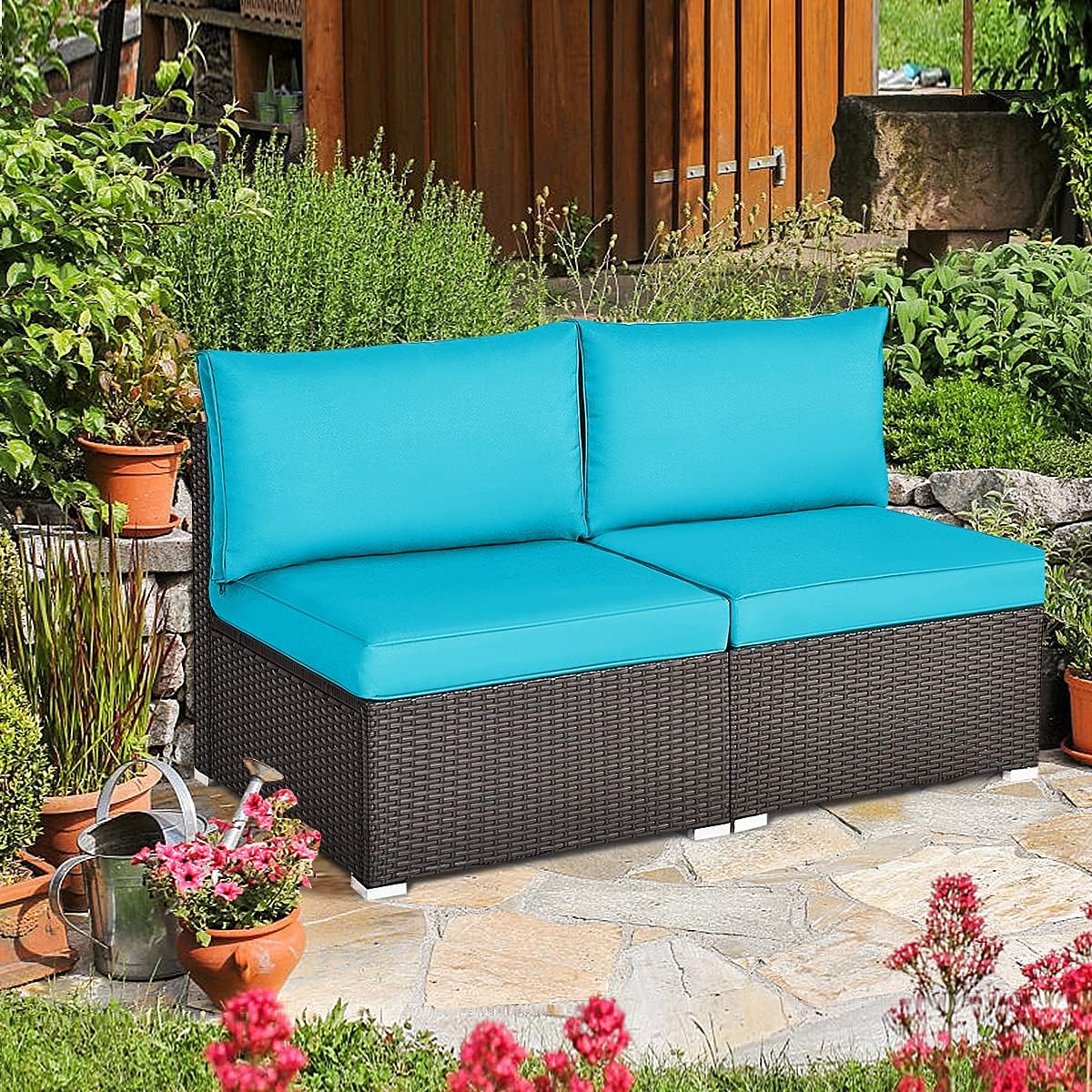 RELAX4LIFE 2-Piece Wicker Armless Sofa - PE Rattan Sectional Sofa Set w/Removable Cushions, All-Weather Sofa Chair Set for Porch, Balcony, Garden, Poolside, Outdoor Patio Sofa (Turquoise)