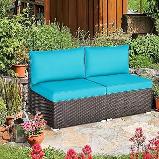 DORTALA 2 Piece Wicker Sectional Armless Chairs, Outdoor Rattan Sectional Sofa Set w/Cushions for Seat and Back, Additional Seats for Garden Balcony Patio Poolside, Turquoise