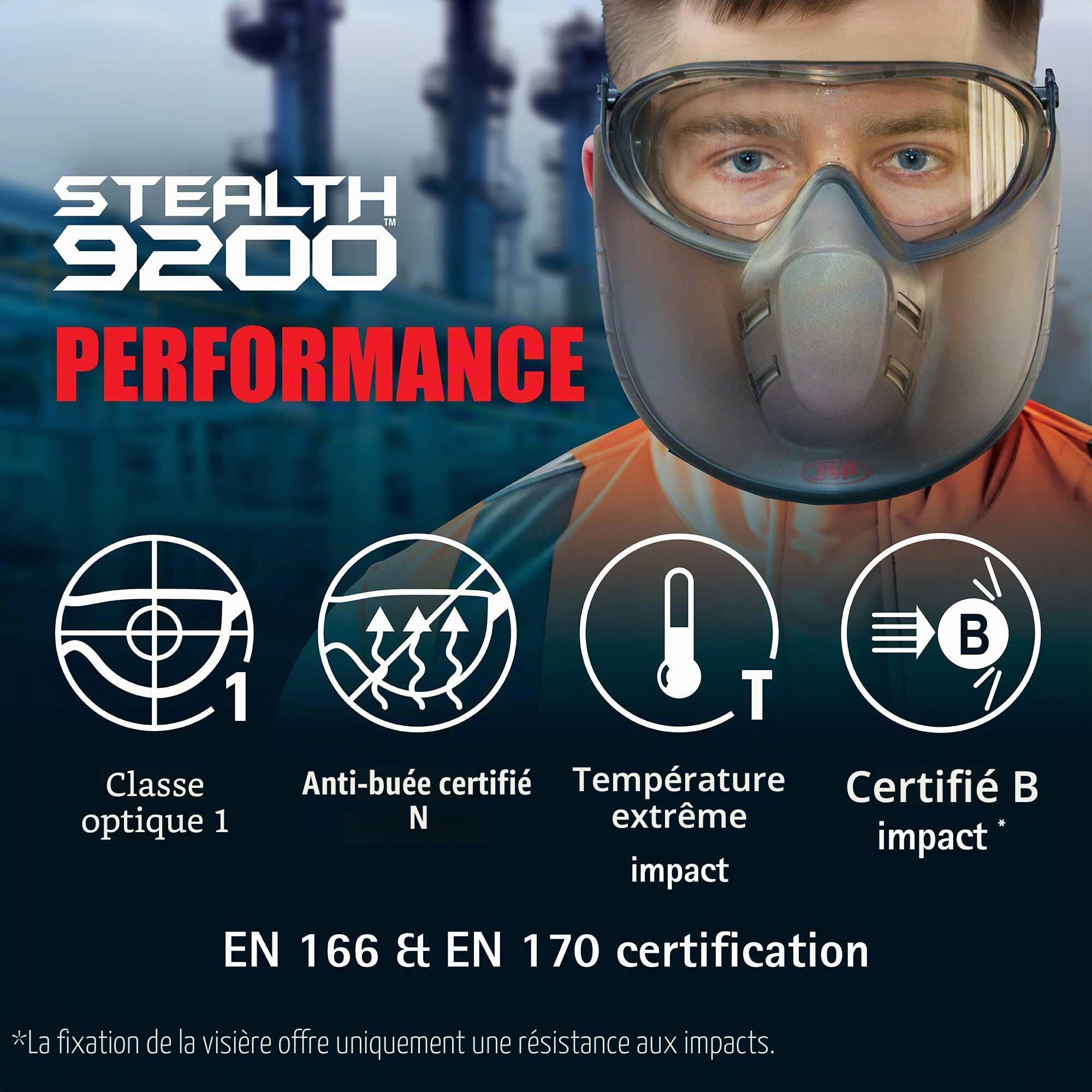 JSP STEALTH 9200 Lunettes de Sécurité avec Écran Facial - Anti-Buée Classe N - Protection Oculaire - Écran Mobile - Bandeau Réglable pour Bricolage, Découpe, Industrie et Laboratoire - EN 166 & EN 170