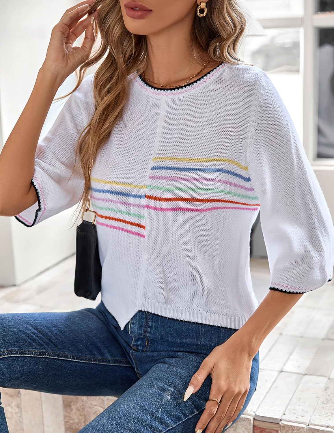 Womens Cute Rainbow Striped Sweater Spring 2026 Ribbed Knit Color Block Crewneck 3/4 Sleeve Pullover Sweaters - Image 5
