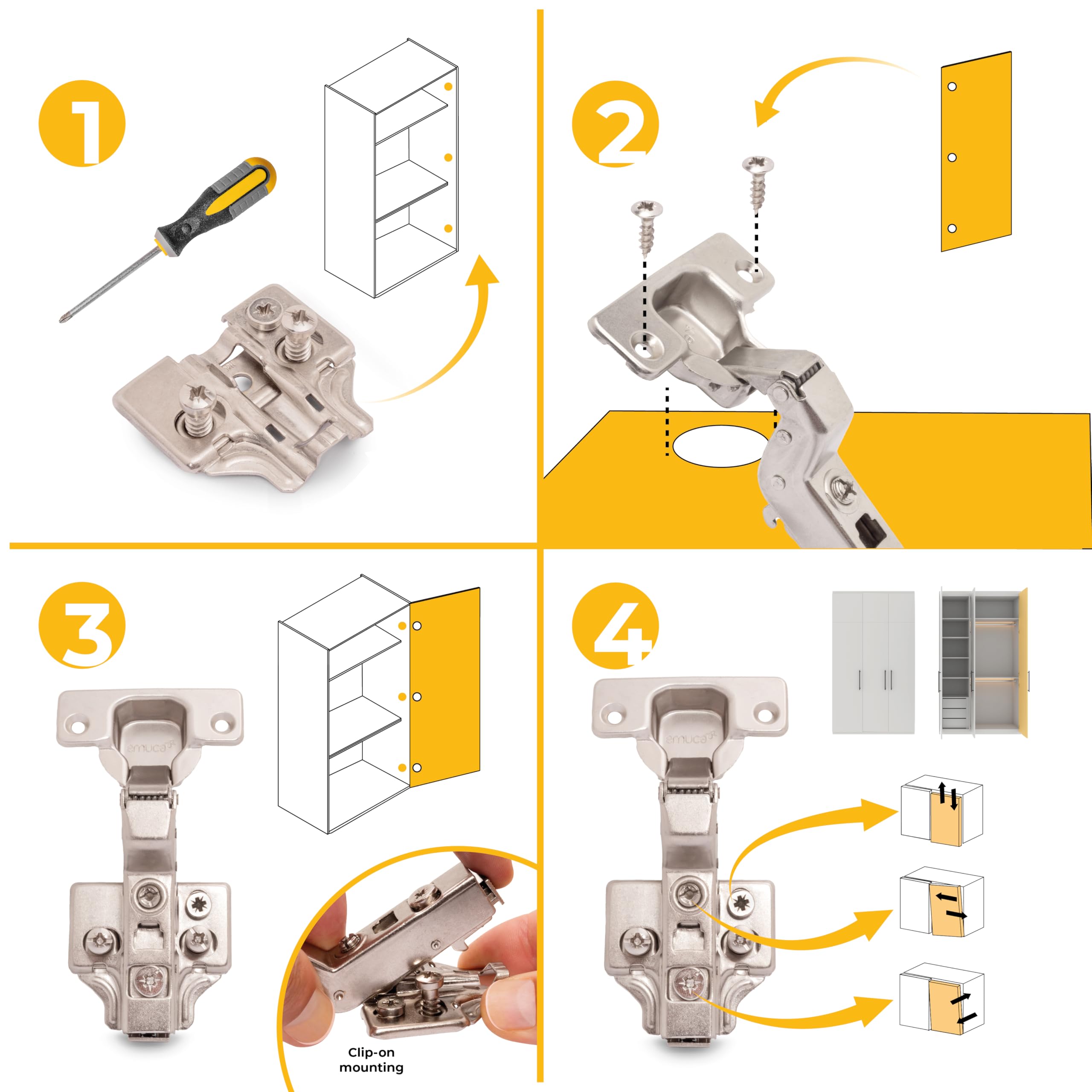 Emuca - Pack de 20 bisagras súper codo x91. Ø35mm. Apertura 105°, cierre suave para puerta arremetida y suplementos Euro con regulación excéntrica, Color Níquel.