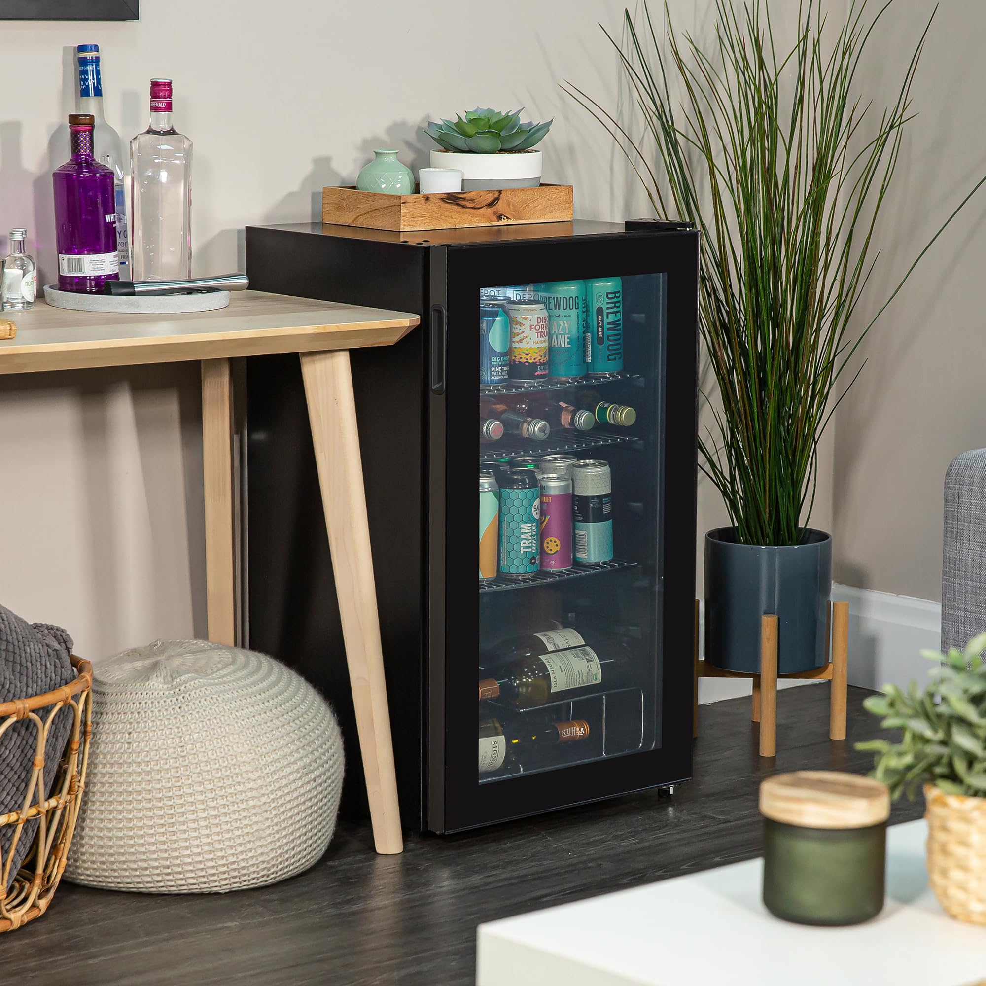 Mini Fridge 93 Litre Undercounter Freestanding Beverage/Drinks Wine Fridge for Beer in Black, LED Light, Drinks & Snacks Glass Door, 3 Adjustable Shelves, Energy Efficient, K48BC101B — view 5