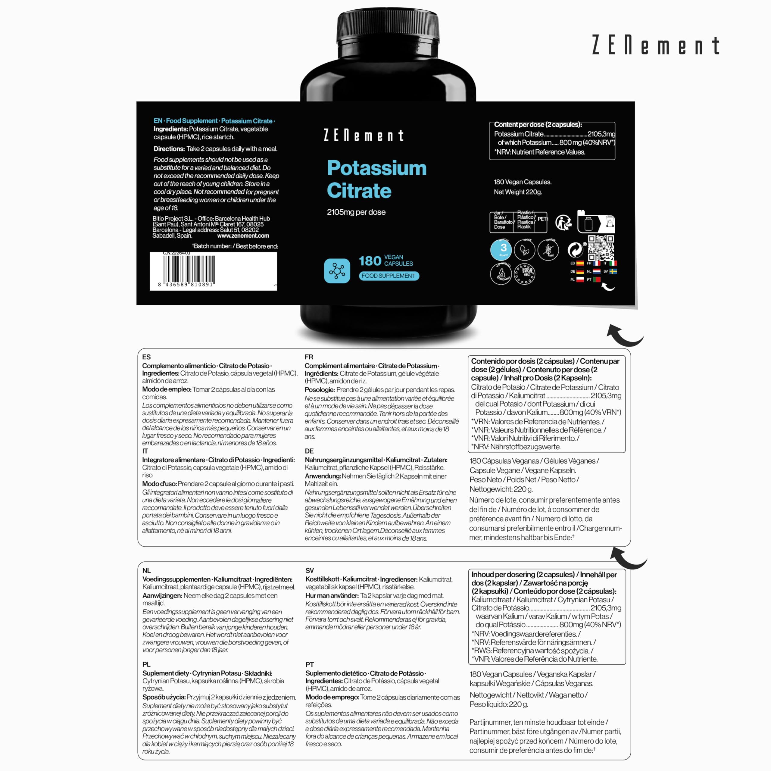 Citrato di Potassio 2105 mg per Dose (800 mg di Potassio Elementare in 2 capsule) - 180 Capsule per 3 Mesi - Supporto Muscolare, Nervoso e Pressione - Vegano e Senza Additivi - Zenement