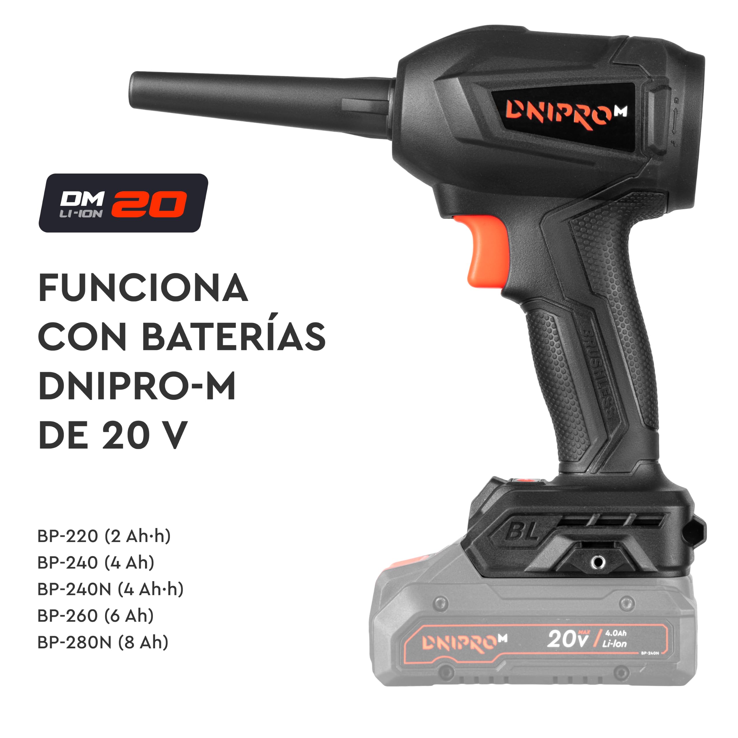 Soplador de Aire Potente Inalámbrico Brushless DCB-203BC Compact - Motor 280W, 30 m/s, 4 Velocidades - Limpieza PC, Taller, Barbacoa e Hinchables - 5 Accesorios Incluidos - Sin Batería - por Dnipro-M