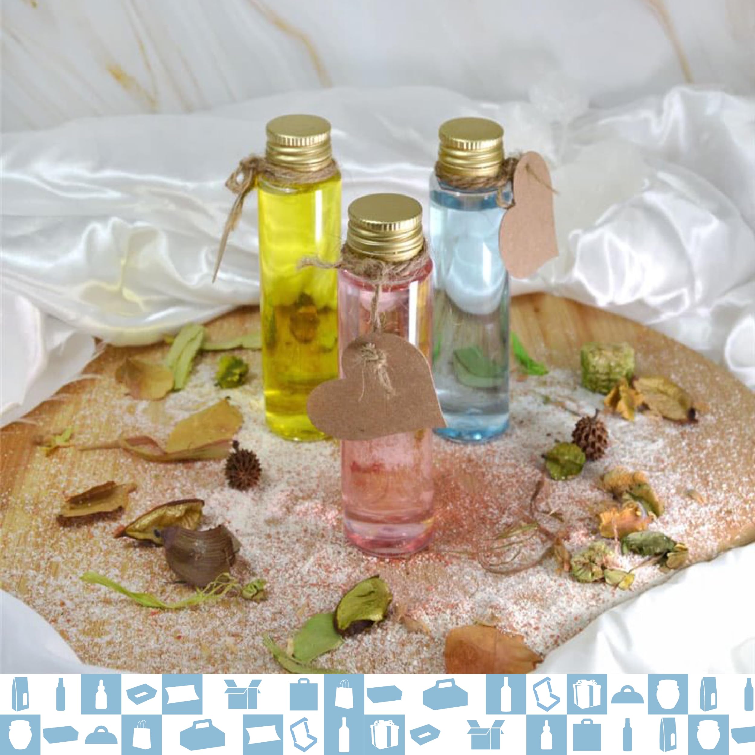 Pack de 100 botellas de plástico de 75 ml com Tampa Dourada – Botella Sensorial vacía, tubo de ensayo, mini frasco de cristal, caramelos, fiestas, especias, boda