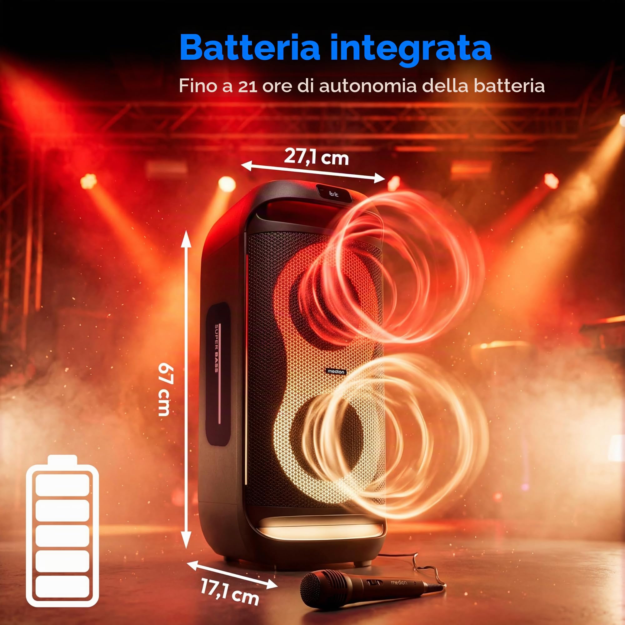 MEDION PE-2 Plus Partybox a batteria con microfono - cassa grande | Altoparlante party karaoke, effetti luce, ingressi microfono e chitarra, Bluetooth portatile, AUX, USB