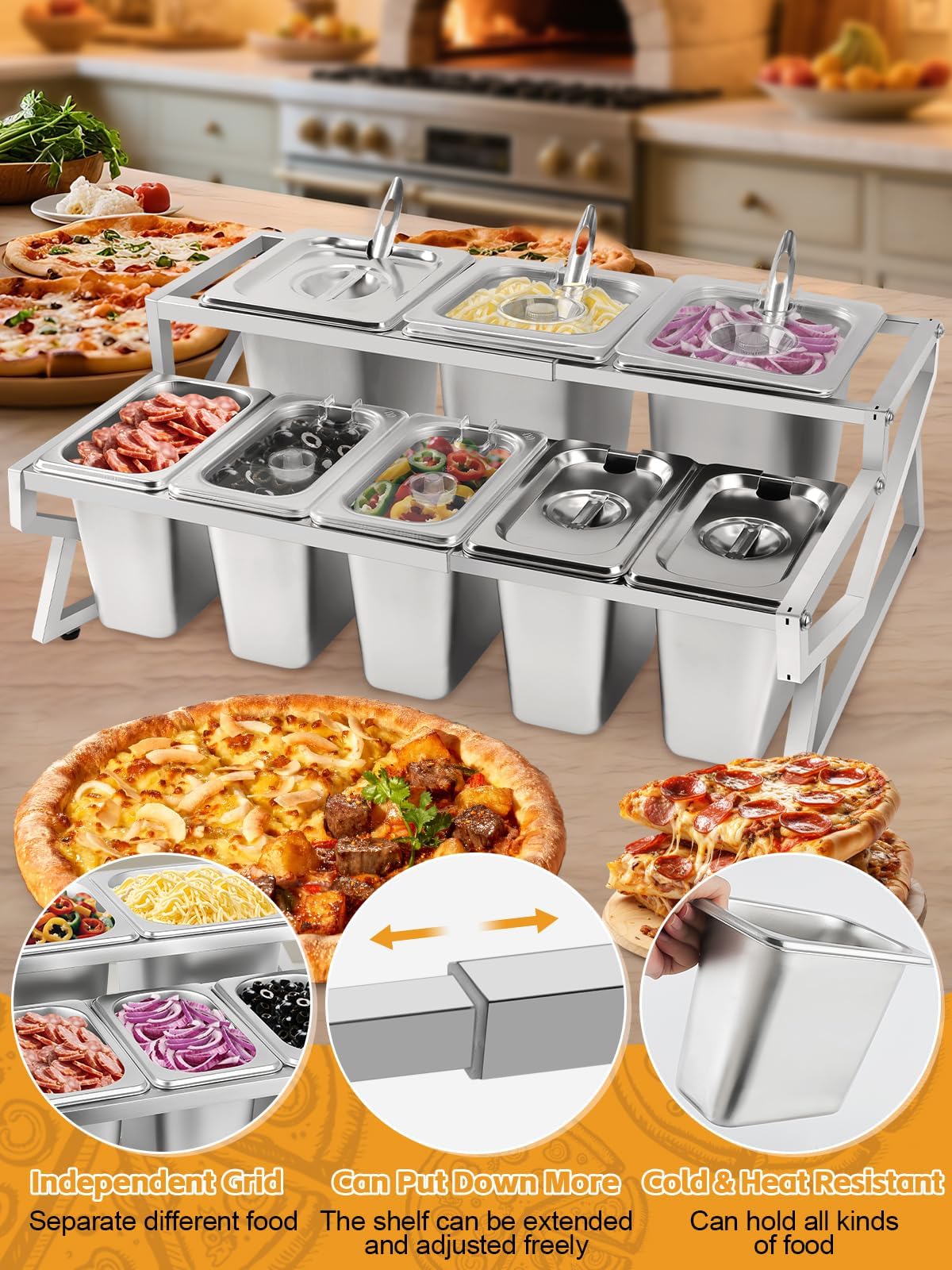 Pizza-Garnierstation, 8 Pfannen, Pizza-Aufbewahrungsbehälter mit Deckel, Löffel, Gewürz-Organizer, Buffet-Behälter-Set für Restaurant, Pizza, Soße, Marmelade, Obstzutaten