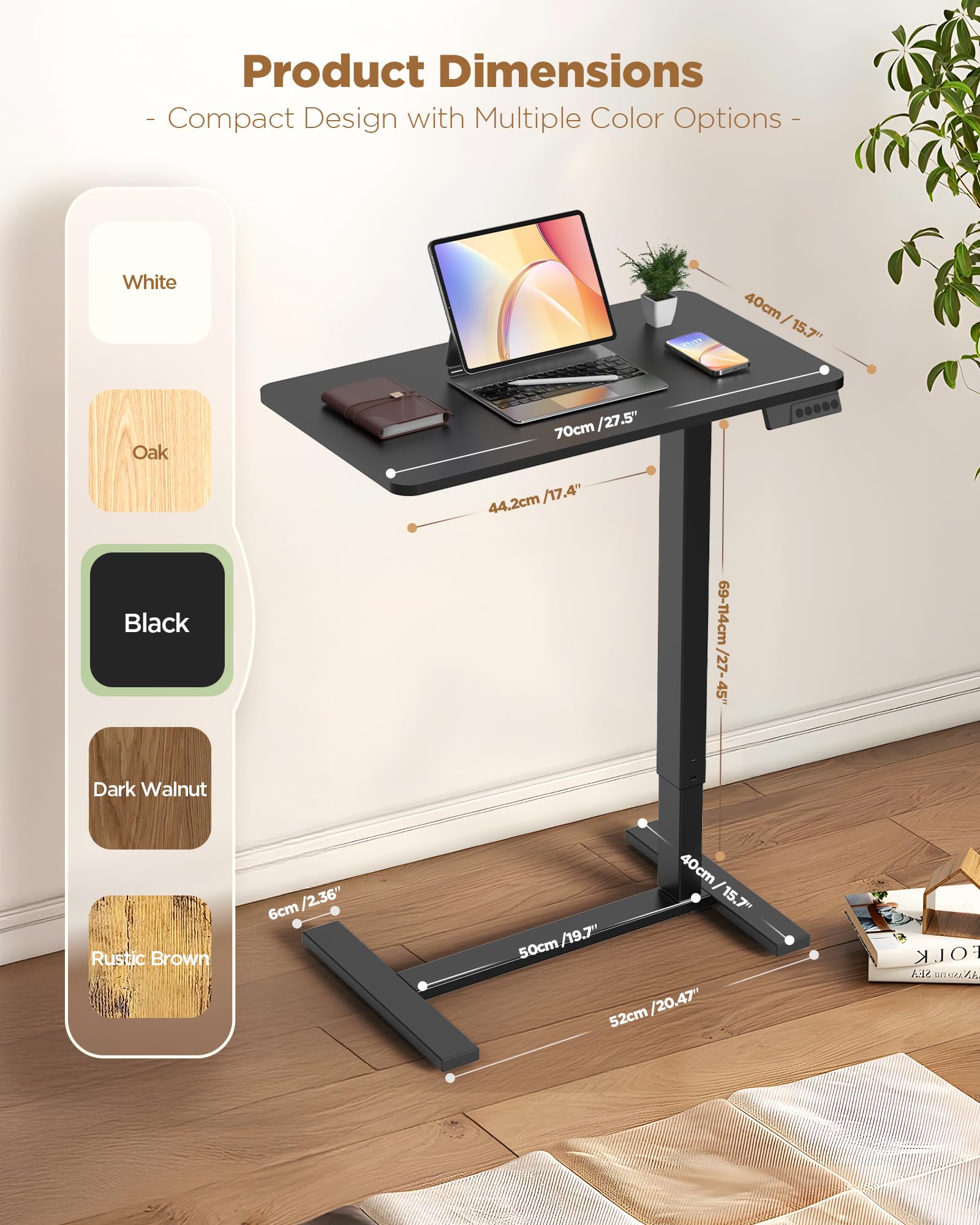 Overbed Bedside Table with Wheels Electric Standing Desk Adjustable Height Small Computer Desk for Home Office Rolling Laptop — view 3