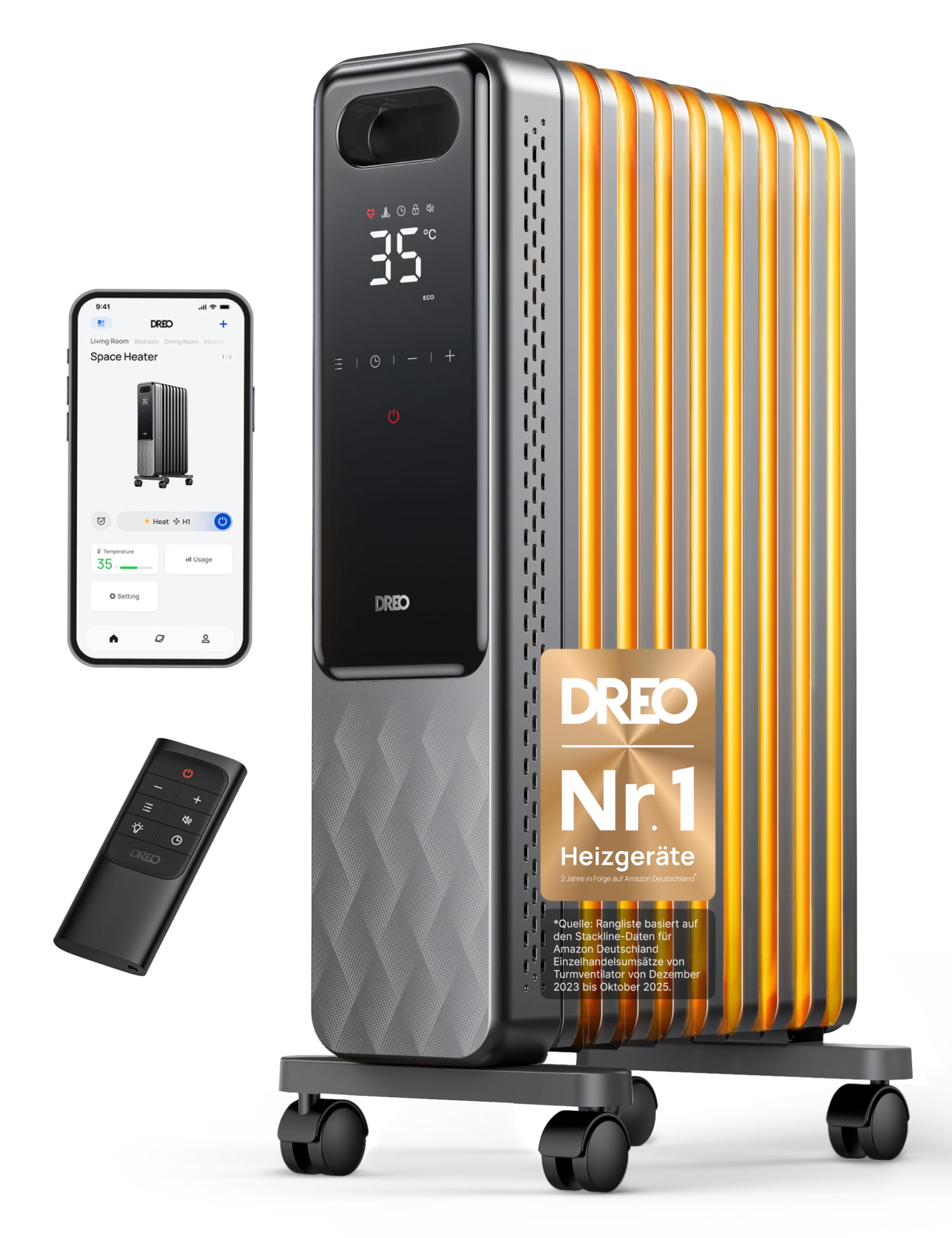 Dreo Ölradiator Energiesparend 2000W, Mobile Elektroheizung 9 Rippen mit Fernbedienung, 3 Heizstufen, 4 Modus, 24h Timer, Überhitzungs-Kippschutz, Radiatoren Elektrisch Heizung mit Thermostat, OH310