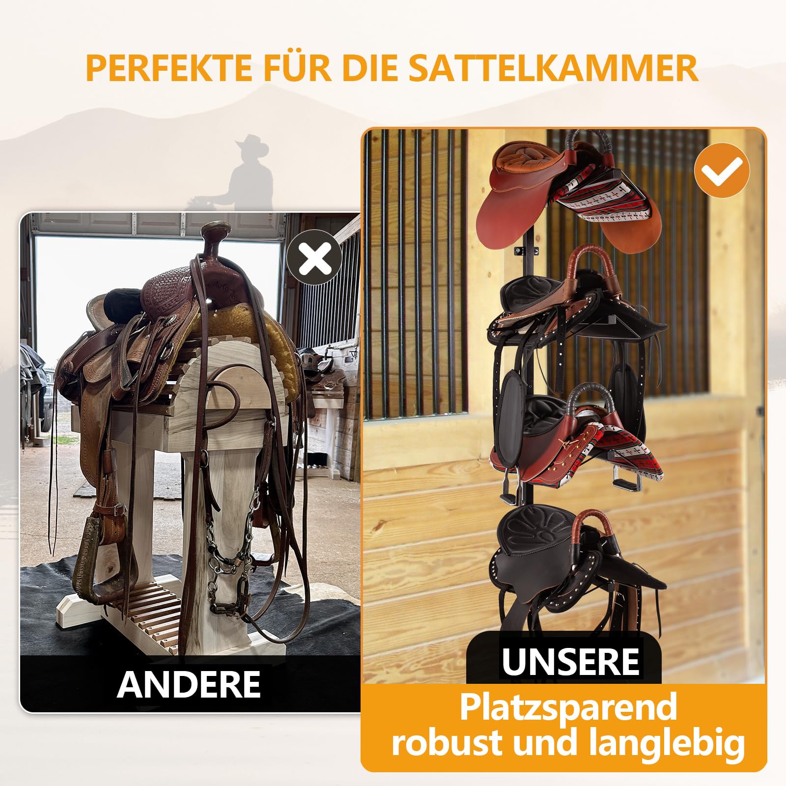 4-stufiger sattelhalter zur Wandmontage, Verstellbarer Sattelstorage für Pferde, bietet Platz für 4 Western- und Englischsättel, hängend, ideal für den Sattelraum oder die Lagerung,Schwarz