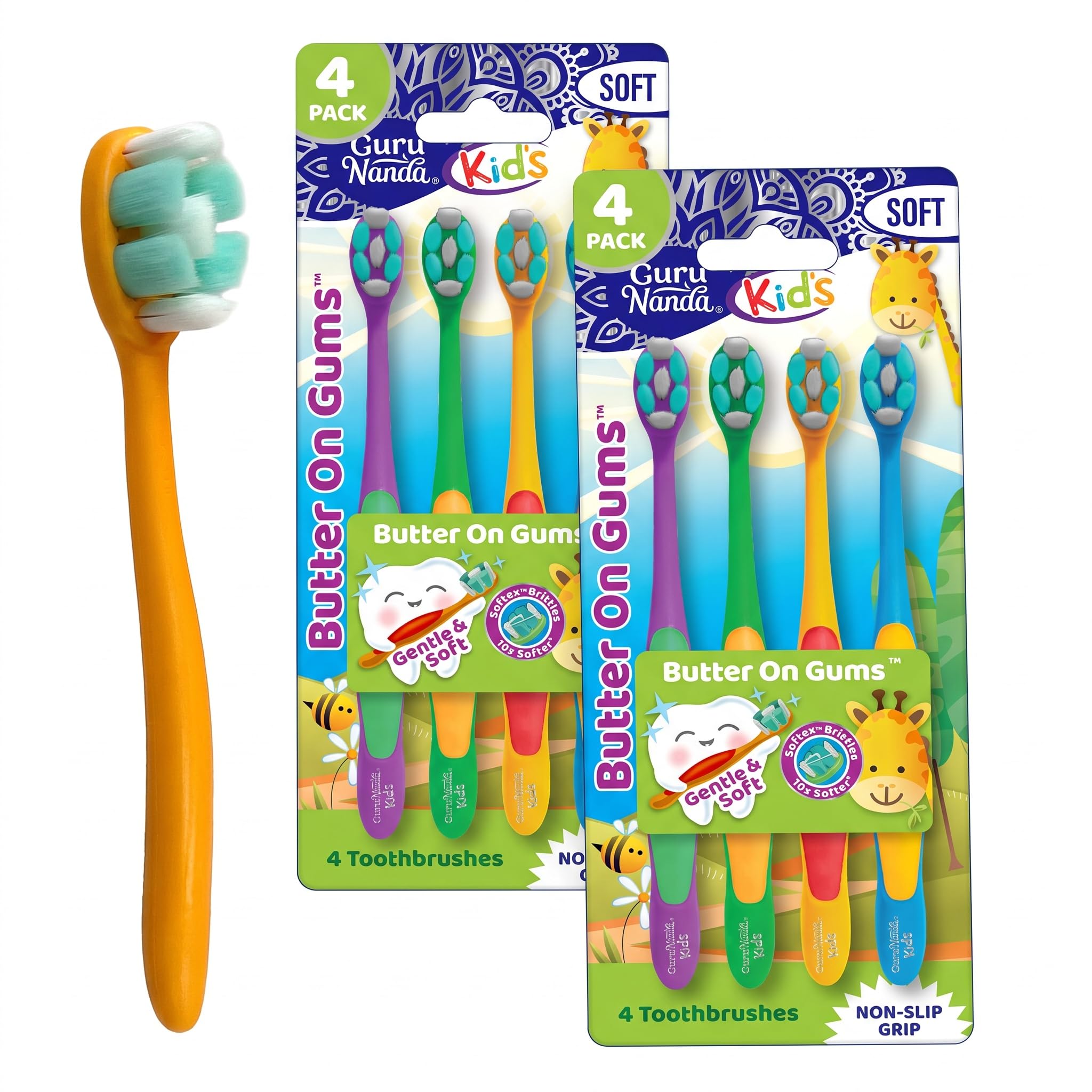 GuruNanda Butter On Gums Kids Toothbrush-Extra Soft Bristles Toothbrush for Kids,Multi-Colored &amp; Fun to Use for Beginner Cleaning-Ergonomic Grip Handle-BPA &amp; Cruelty-Free (Age 3+) 4 Count (Pack of 2)
