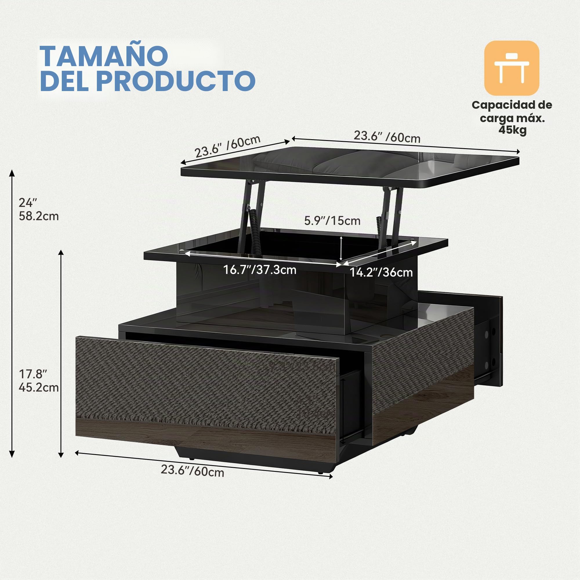 DWVO Mesa de Centro con LED, Altura Regulable, Lacado Negro Moderno, con Almacenaje y Cajones para Salón, 60x60x45-58 cm