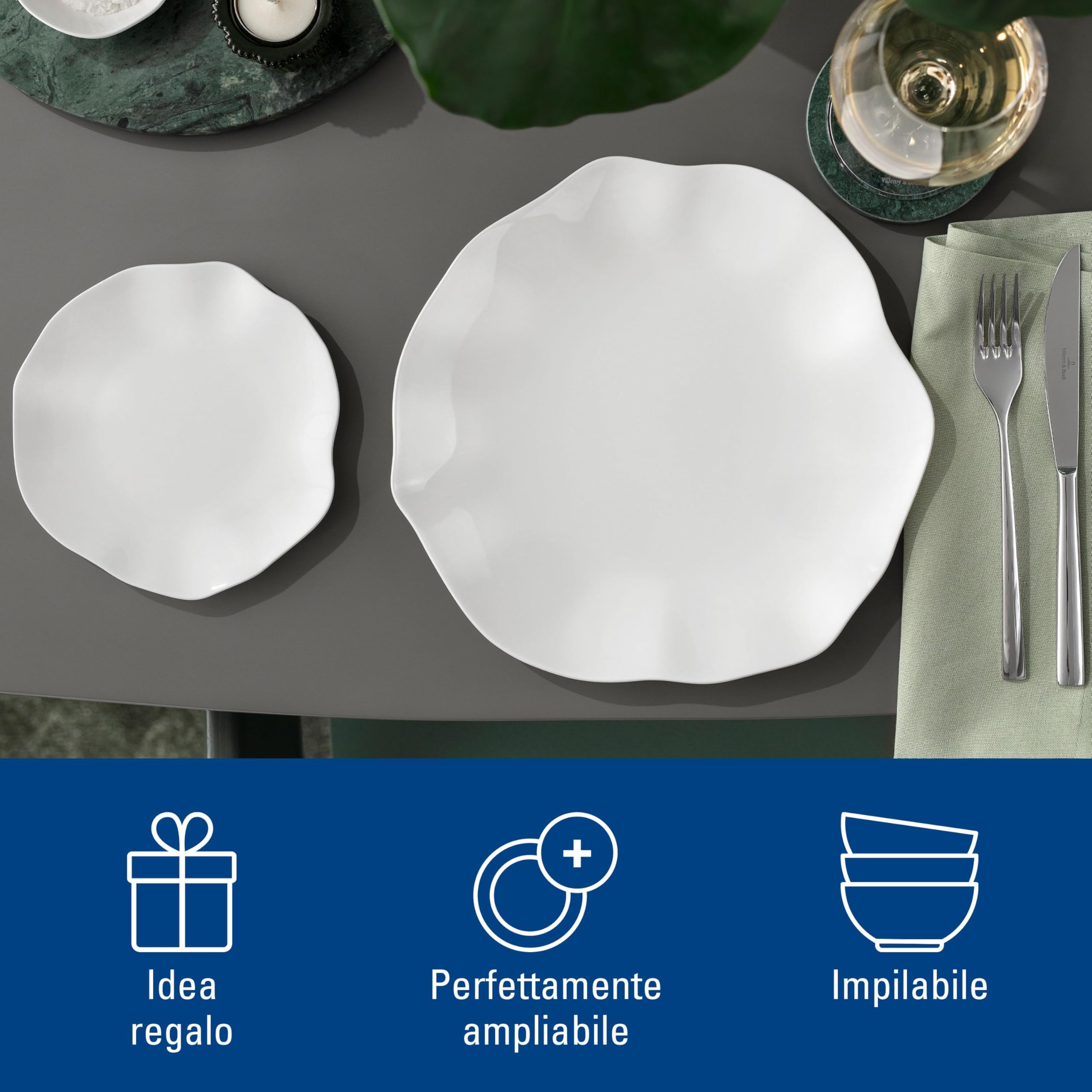 Villeroy & Boch – Pura piatto piano, ca. 27 × 27 × 3 cm, bianco puro, lavabile in lavastoviglie e utilizzabile nel microonde, forma fluida, porcellana Premium Bone made in Germany