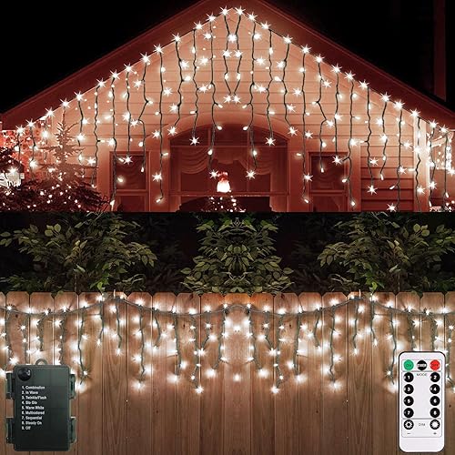 Luces de cortina de hadas para jardín, luces de carámbano, 102 LED con batería para exteriores, con mando a distancia y temporizador, cable verde