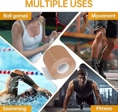 Miniatura 8 de Dimora Kinesiology Tape - 4 rollos de cinta atlética de algodón elástico, 65.6 pies, 80 tiras precortadas en total, cinta adhesiva deportiva de