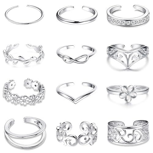Jstyle 12Pcs Adjustable Toe Rings for Women Various Types Band Open Toe Ring Set Women Gift Jewelry