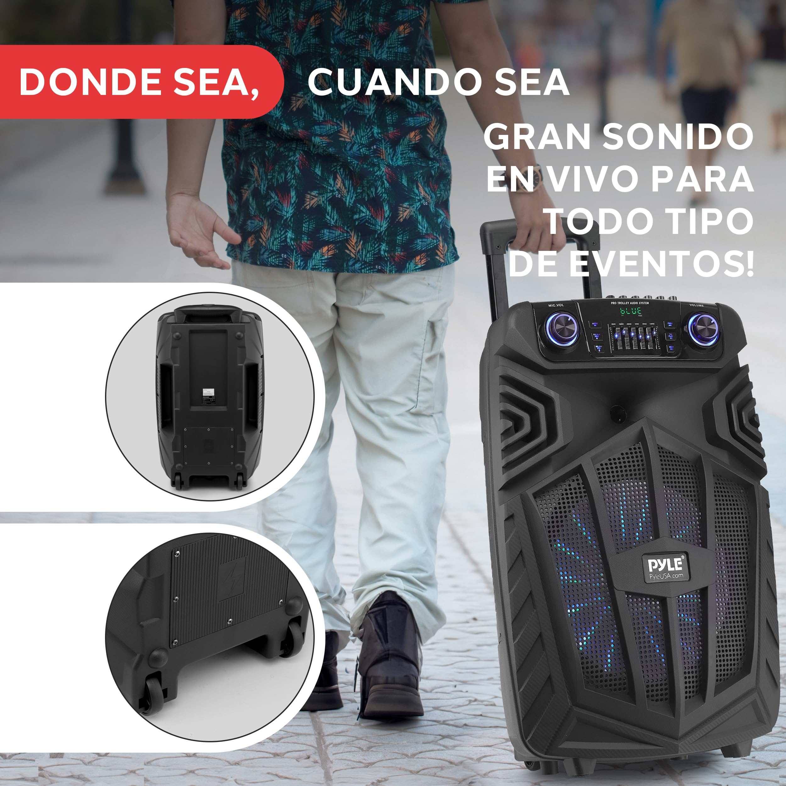 Pyle Sistema de Altavoces PA Bluetooth portatil, 1680W, Karaoke de 38cm, Recargable para Exteriores, Microfono inalambrico, Ruedas, Luces, Pantalla LED, Microfono, FM/AUX/MP3/USB/SD