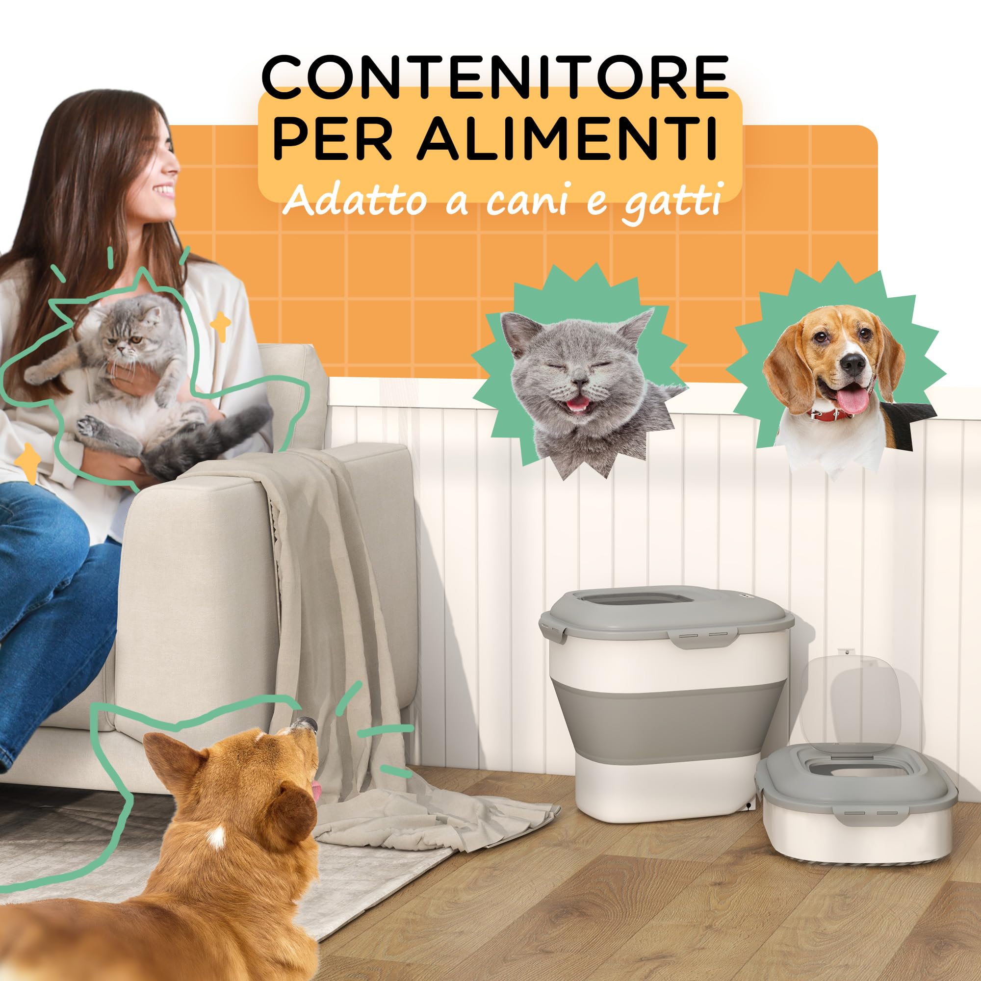 PawHut Porta Crocchette Cani Capacità 5-25L con Chiusura Ermetica e Box Deumidificante, Contenitore Cibo Cani in PP e TPE, 44x32x37 cm, Grigio