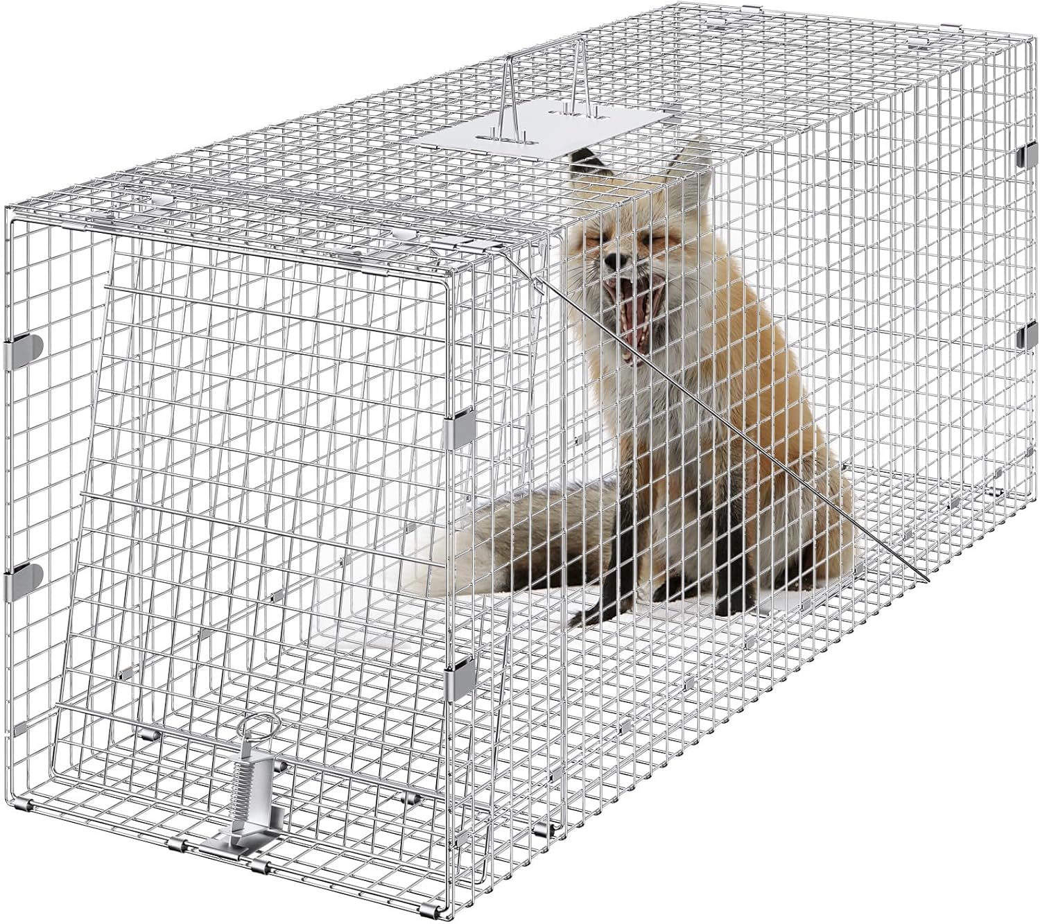 Happybuy Humane Live Animal Trap, 50" x 20" x 26" Galvanized Iron, Foldable with Carry Handle for Stray Dogs, Raccoons, Foxes, and Wildlife Capture