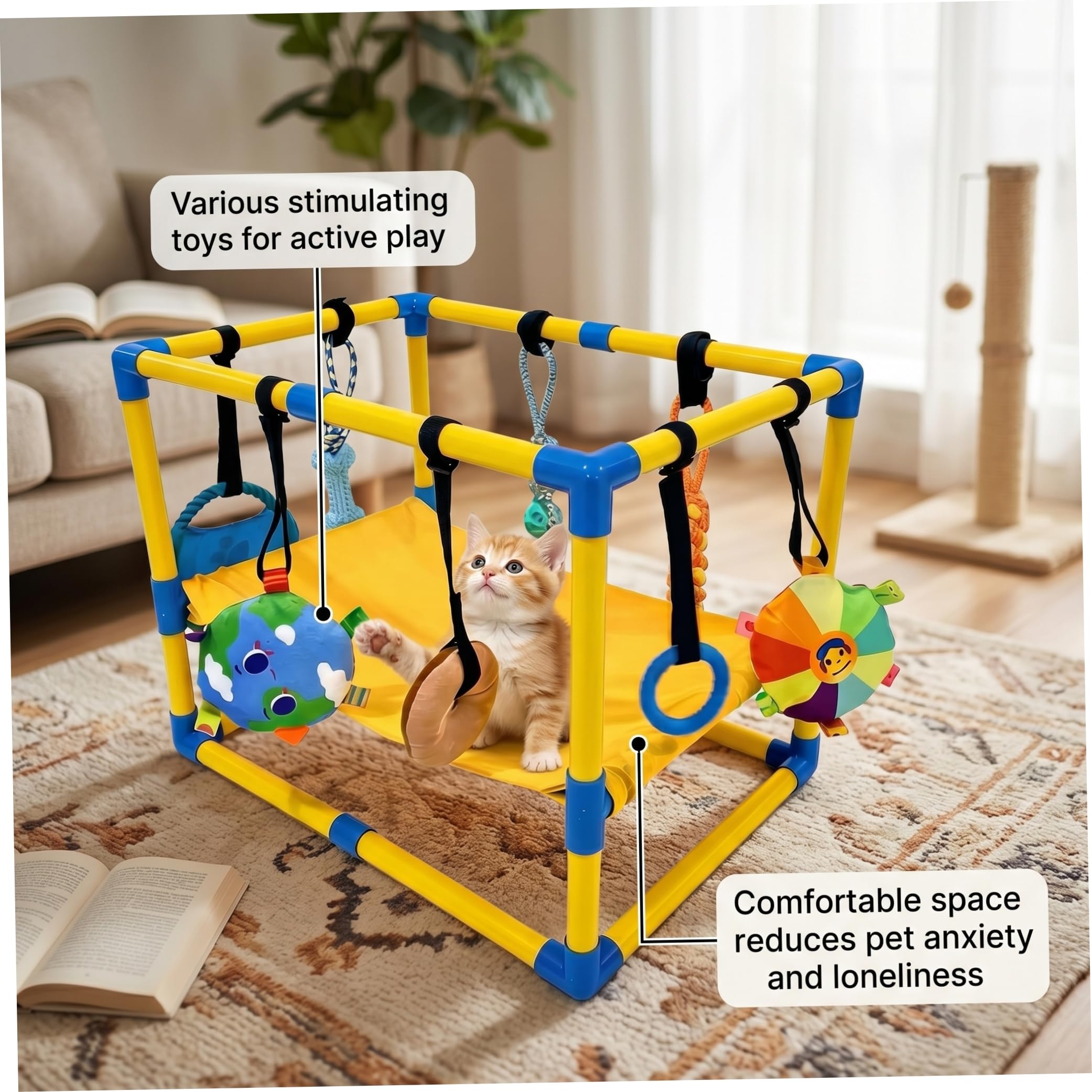 Salle de Jeu pour Chiots, Salle de Jeux pour Chiens avec Jouets Suspendus et hamac, Aire Jeux Robuste pour Chiots en PVC, Jouets interactifs pour activités pour Chiens, 23, 62 × 15, 75 × 16, 93 Pouce