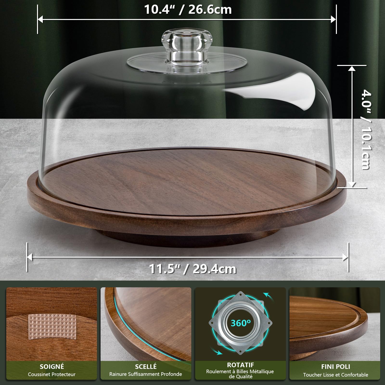 ANBOXIT Presentoir a Gateau Sur Pied, Support Gâteau en Bois d’ Acacia, Cloche à Gâteau en Acrylique, Présentoir à Gâteau avec Dôme - Tournant