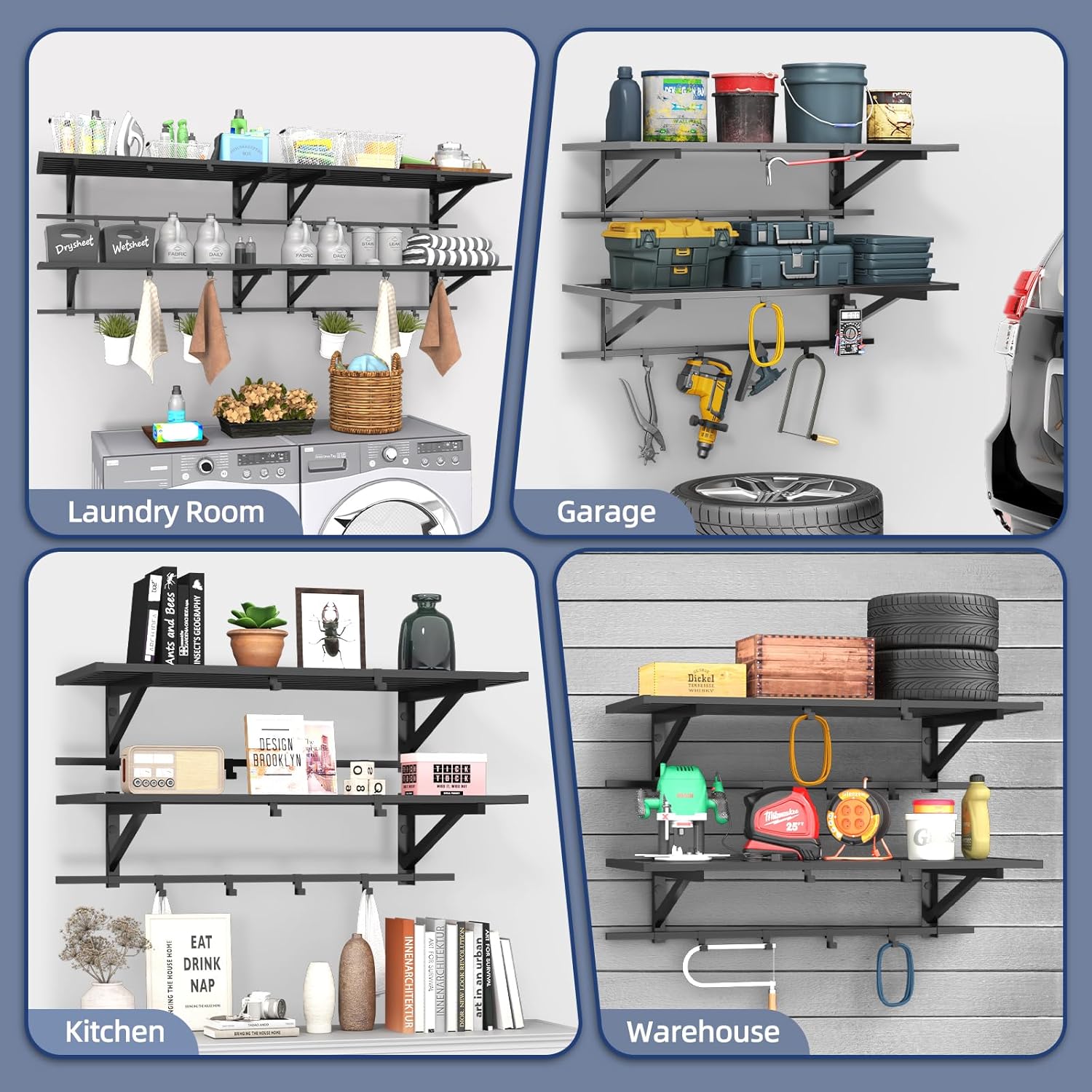 2-Pack 2x4ft Garage Shelving Wall Mounted, Heavy Duty Garage Storage Shelves with 12 Hooks, 2' x 4' Wall Mount Shelves with 500LBS Capacaity - Image 8