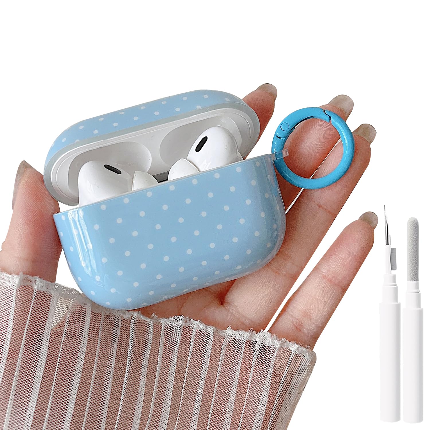 Photo 1 of MINSCOSE for AirPods Pro 2nd/1st Generation Clear Case,Cute Polka Dot Pattern Design with Trendy Keychain Ring,Soft TPU Protective Shockproof Case with Cleaner Kit for Airpods Pro/Pro 2-Blue