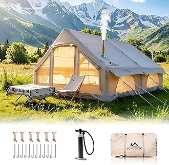 Inflatable Camping Tents 8-10 Person,129 Square Feets Large Inflatable Camping Tent with Stove Jack,Blow up Tent with Mesh Windows & Pump