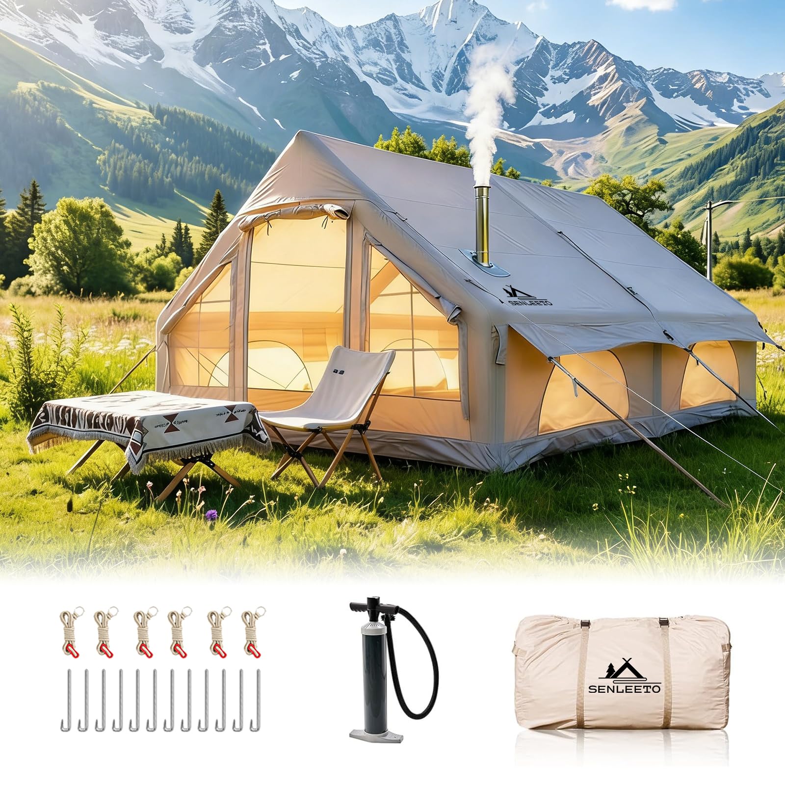 Inflatable Camping Tents 8-10 Person,129 Square Feets Large Inflatable Camping Tent with Stove Jack,Blow up Tent with Mesh Windows & Pump