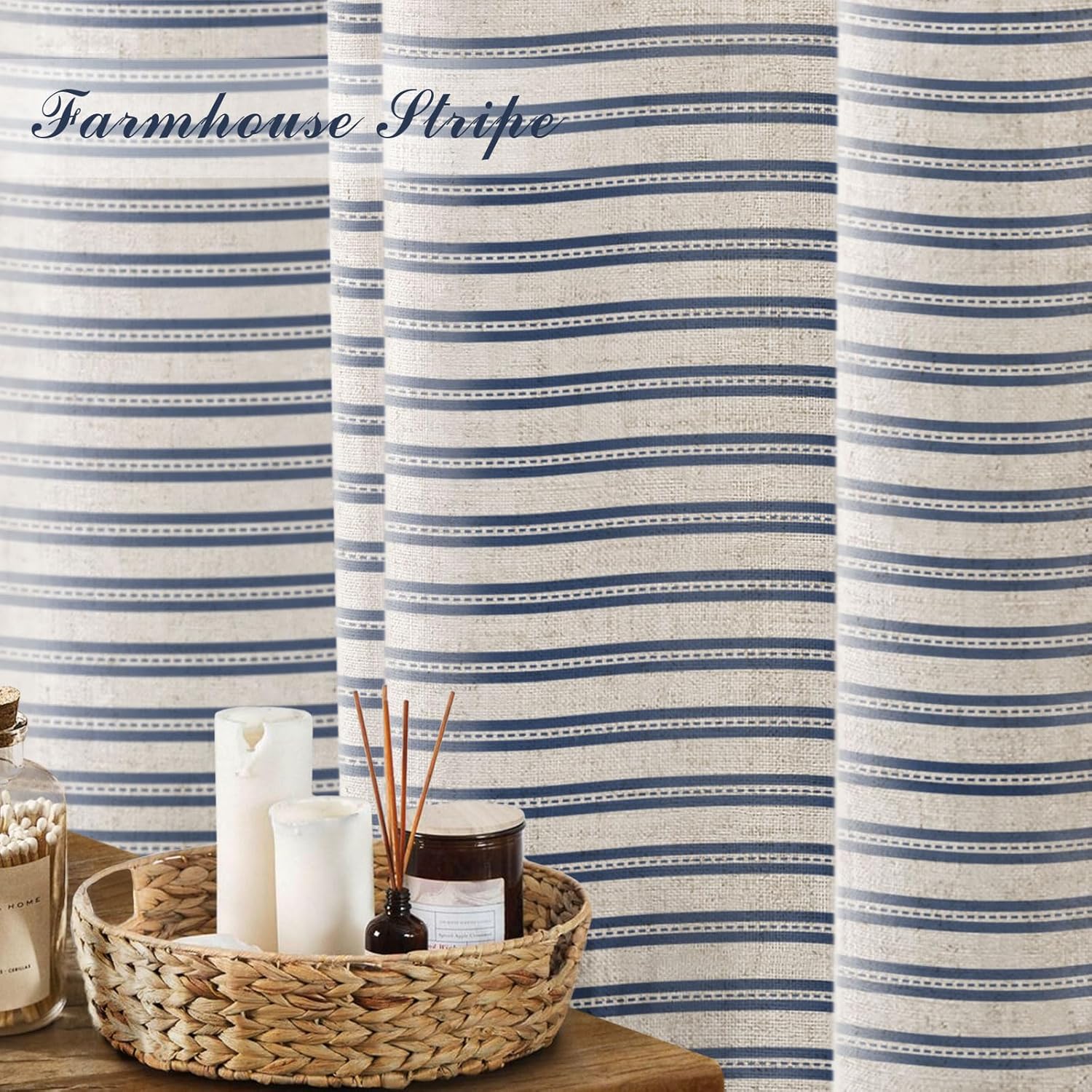 Navy Blue Linen Shower Curtain,Horizontal Stripe Bath Curtain,Rustic Farmhouse Bathroom Decor,Vintage Cottagecore Boho Style 72x72 Inches