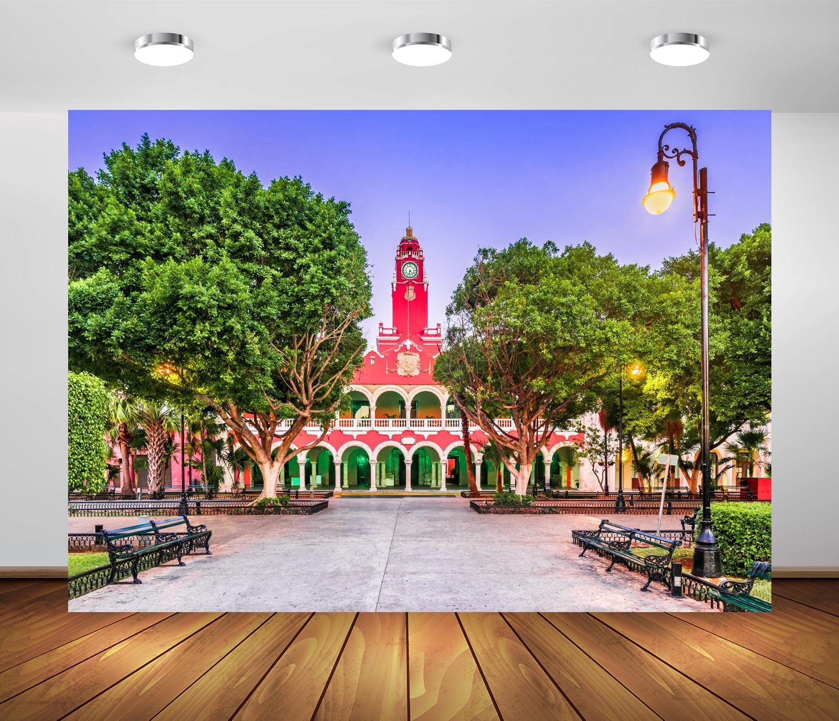 BELECO 8x6ft Fabric Mexico Plaza Grande Backdrop Mexico City Downtown Cityscape Red Clock Tower Background Mexican Town Backdrop Birthday Party