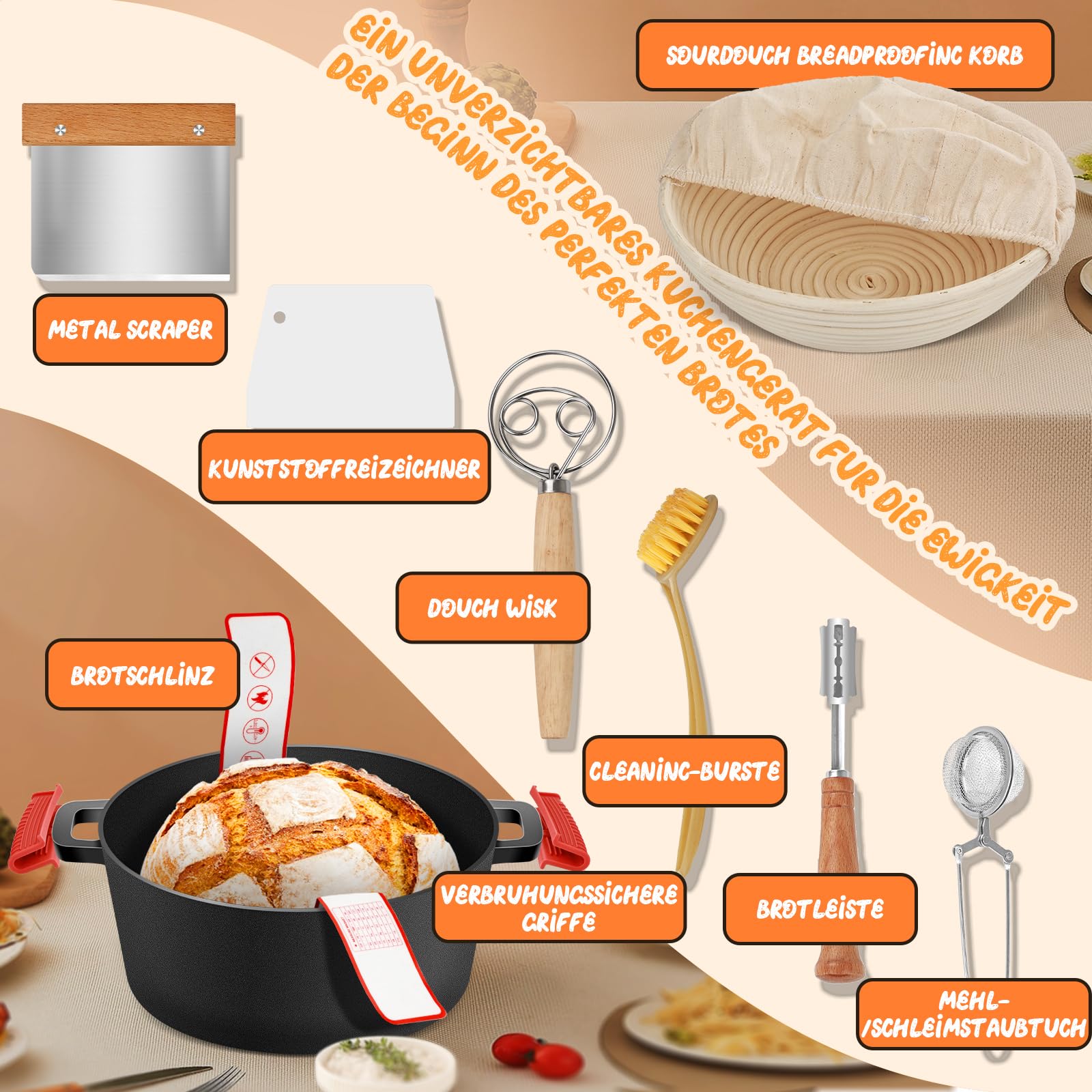 NZQXJXZ Gusseisen Topf Brot Backen Dutch Oven für Brotbacken, 26cm Brotbackform mit Banneton Brot Gärkorb Sauerteig Brotbacken Zubehör, 2-in-1 Brotbacktopf mit Pfanne Deckel Kochen Pan