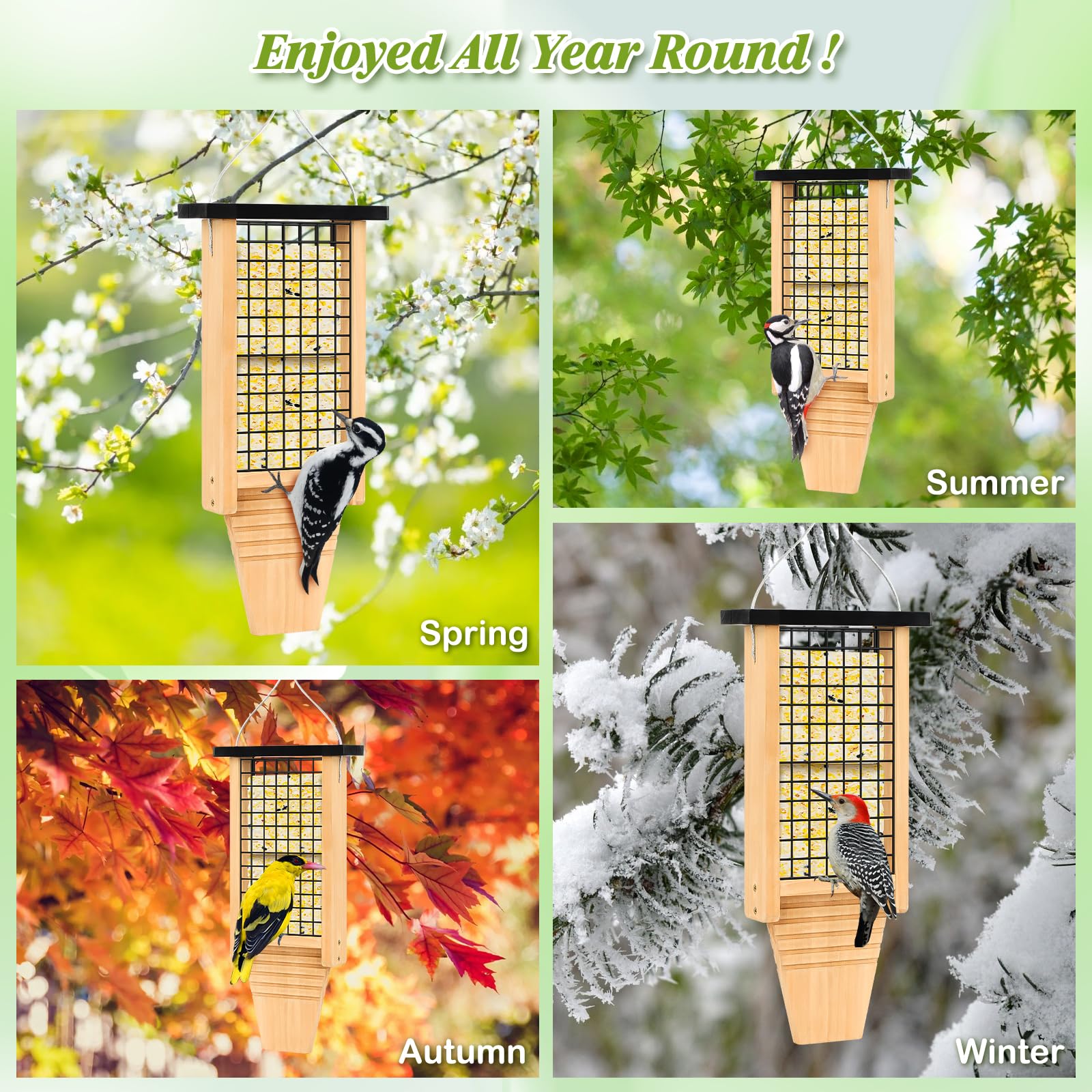 Gbekery Comedero de madera para pájaros para colgar en el exterior, comedero de sebo para pájaros carpinteros con accesorio de cola, comedero colgante para pájaros silvestres, 1 paquete, color negro