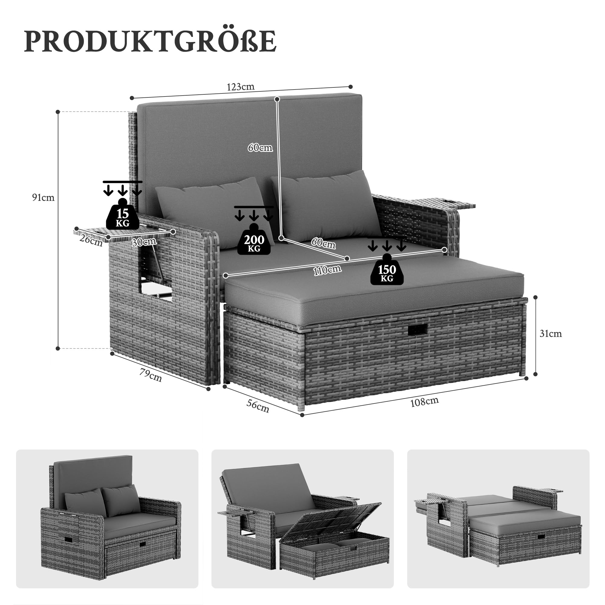 Amopatio Rattan Gartenlounge Outdoor Set, 2-Sitzer Gartensofa mit Verstellbarer Rückenlehne und Stauraum, Wetterfestes Lounge Möbel für Balkon und Terrasse, mit Hocker und Kissen, Grey