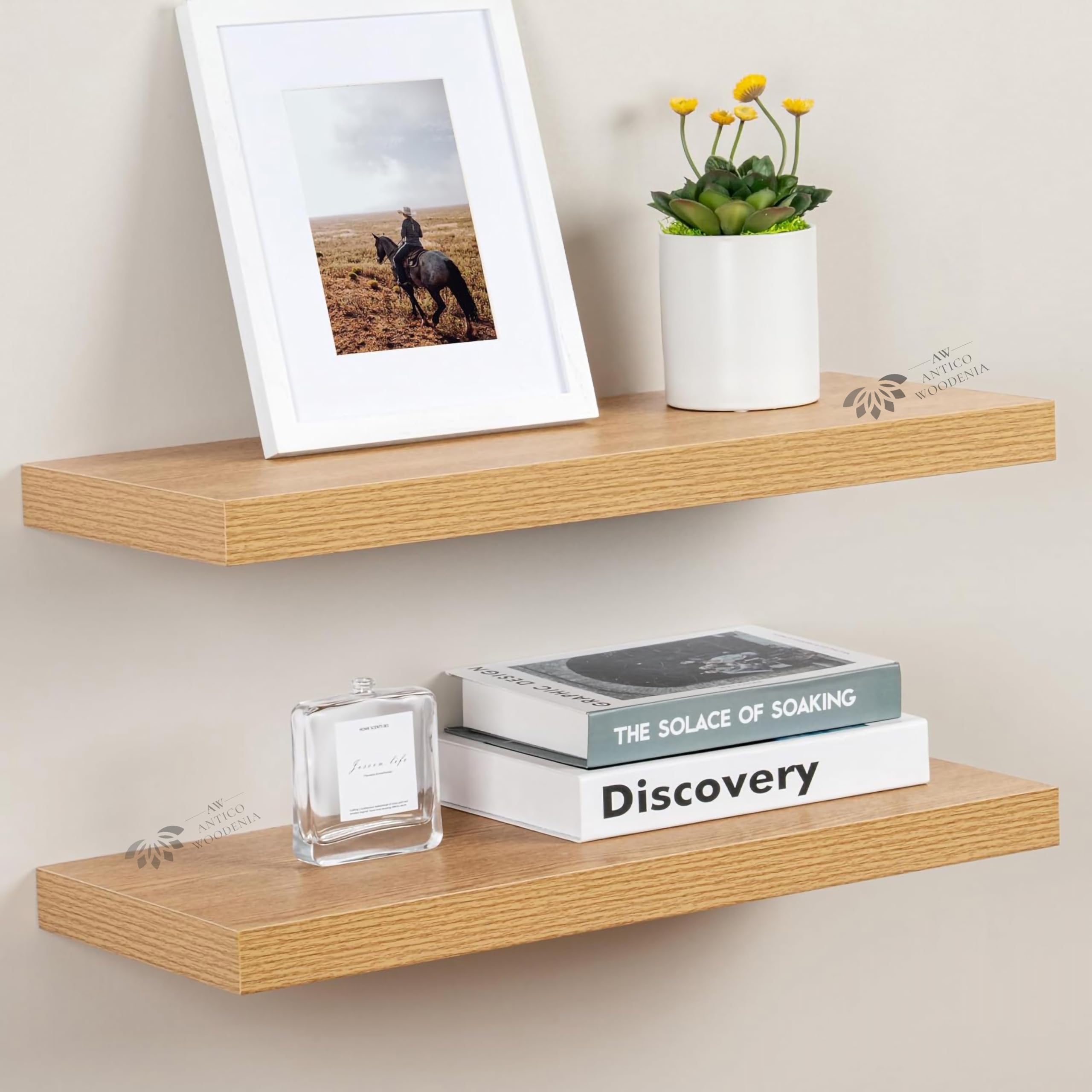 ANTICO WOODENIA® Wooden Floating Wall Shelf| Wall Mount| Wall Rack| Wall Bracket for Home and Office Decor | Big Mounted Cabinets (Set of 2, Bavarian Oak, Large)