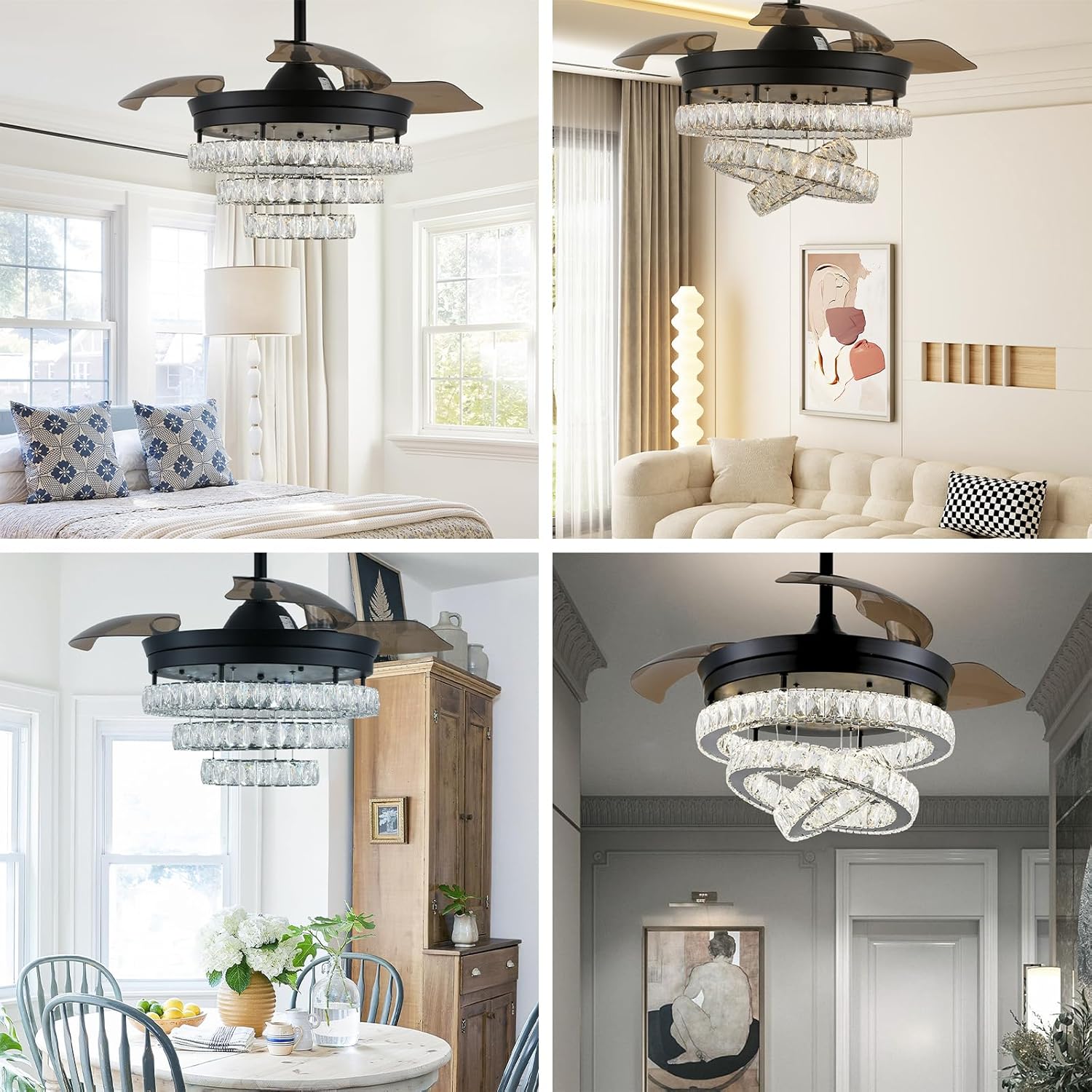 42" Black Fandeliers with Lights Dimmable LED Crystal Ceiling Fan Individual 3 LED Color Change with Timi Memory Function