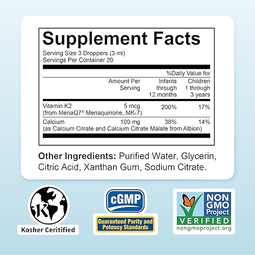Miniatura 2 de Nature's Nutra Strong Calcium, Plus MenaQ7 K2, Calcio líquido prémium para bebés, bebés y niños, sabor natural, sin OMG, Kosher, 2 onzas líquidas