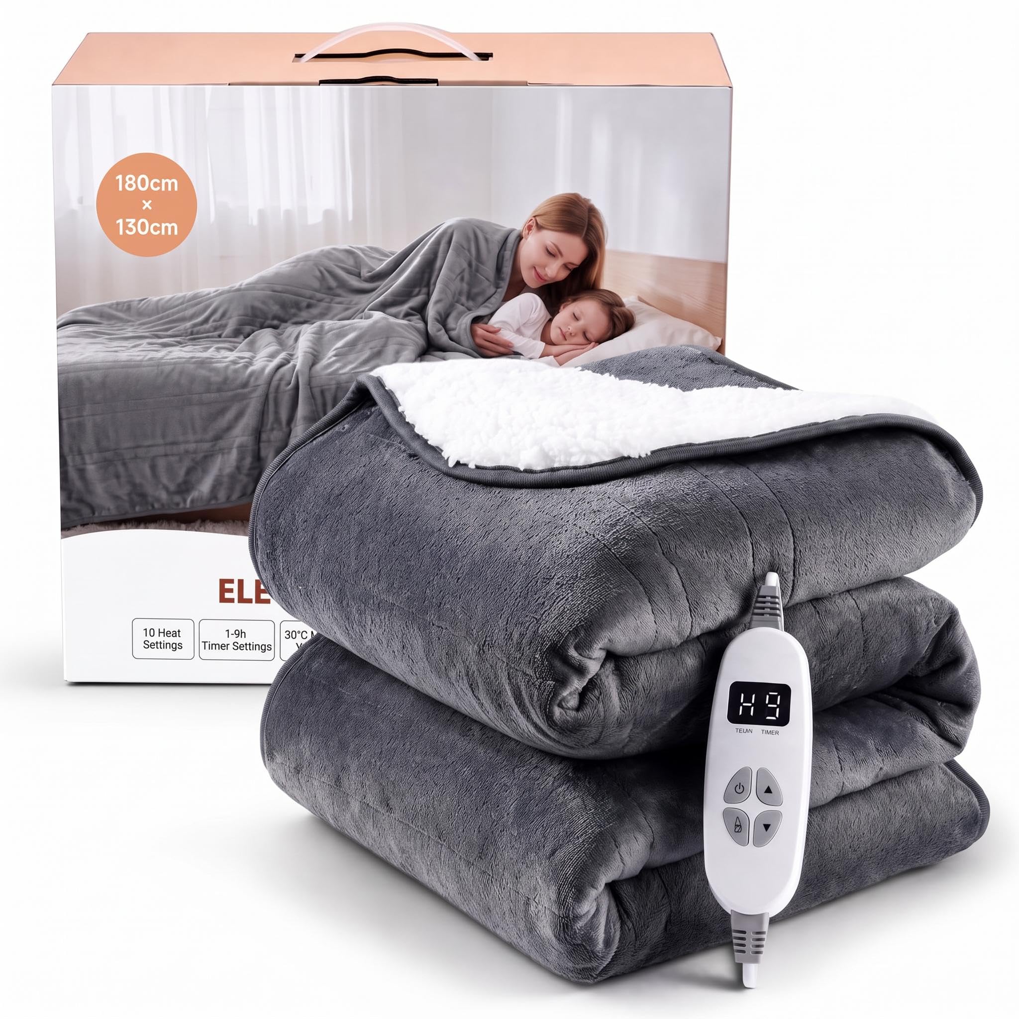 HAUSPROFI Heizdecke mit Abschaltautomatik 180x130cm, Elektrische Wärmedecke | 10 Heizstufen & 9 Stunden Timer, Überhitzungsschutz, Doppelseitig, Maschinenwaschbar, Kuscheldecke für Zuhause und Büro
