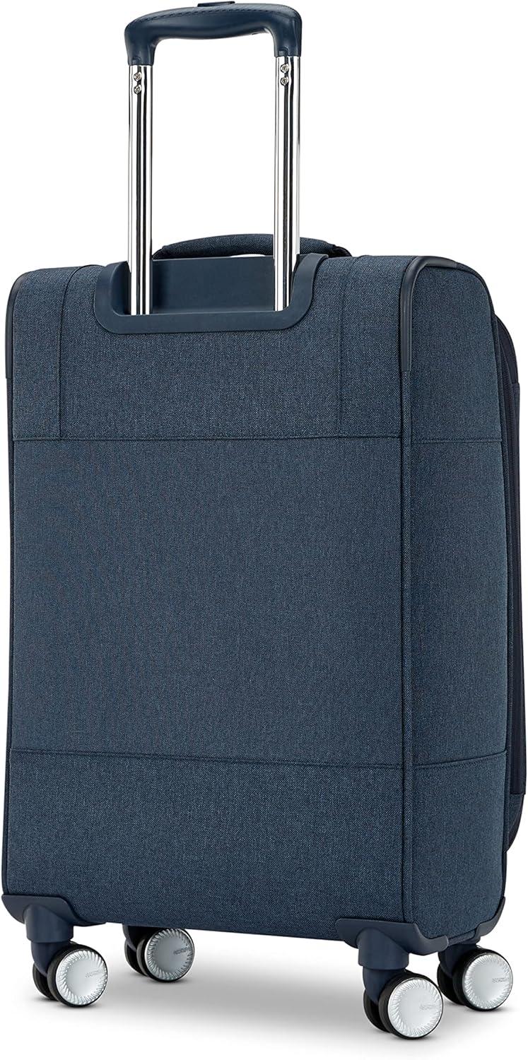 review AMERICAN TOURISTER Whim Softside Expandable Luggage with Spinner Wheels, Navy Blue, Carry On