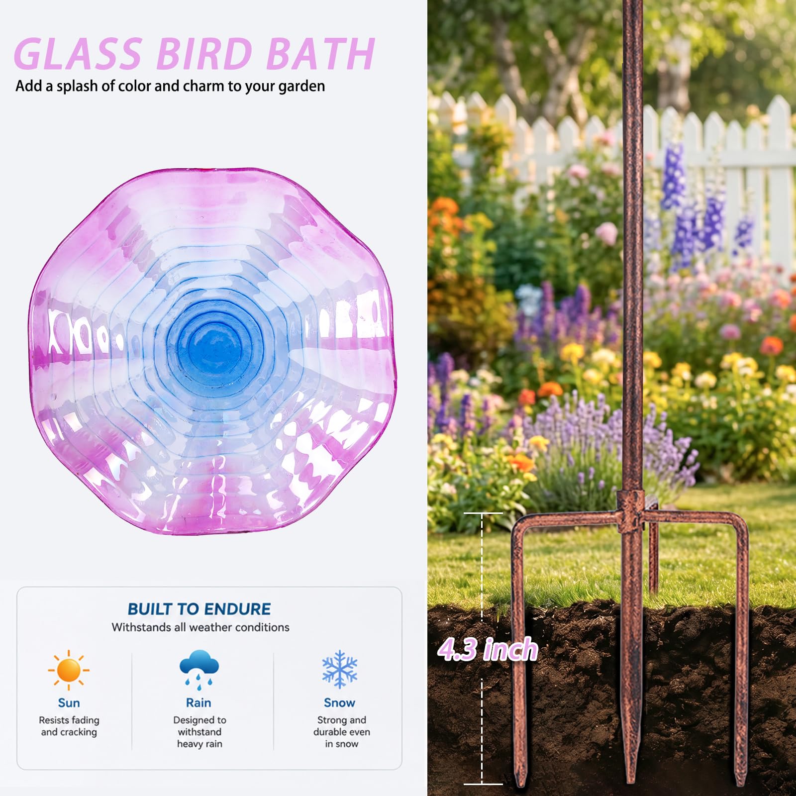 MUMTOP Bañeras de cristal para pájaros de 31 pulgadas de altura, comedero para pájaros al aire libre con estaca de metal, jardín y patio exterior, color morado