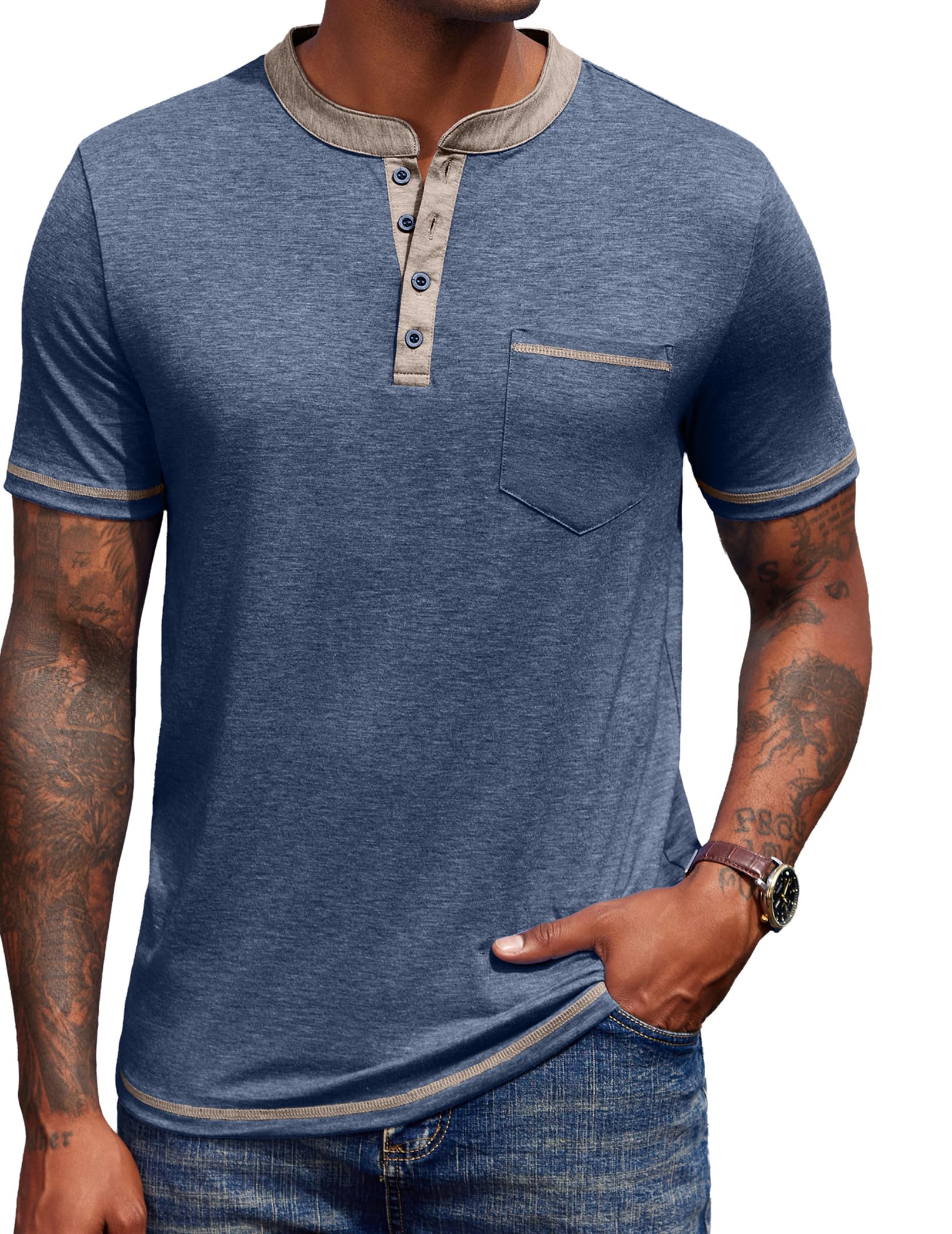 COOFANDY Henley Shirt Herren Kurzarm Sommer Tshirt mit Tasche Basic Oberteile Knopf T-Shirts V Ausschnitt für Männer