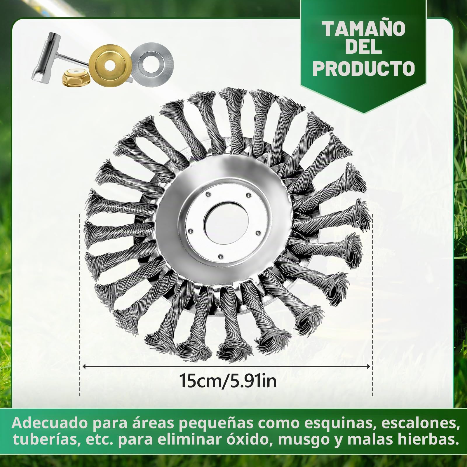 Cepillo metálico desbrozadora-cabezal de desbrozadora universal con alambre de acero de alta resistencia, 150 x 25,4 mm, compatibilidad amplia y rendimiento eficaz para jardines y granjas