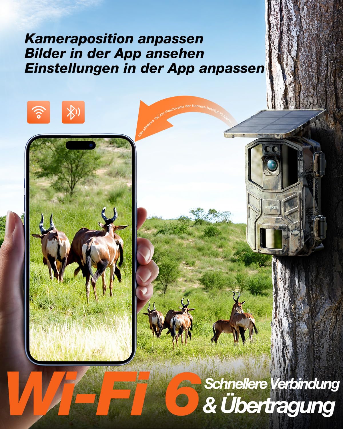 iZEEKER Solar Wildkamera 4K 64MP mit Handyübertragung App, WLAN & Bluetooth Wildtierkamera mit Bewegungsmelder Nachtsicht, Solar Tierkamera mit 5200mAh Akku, IP66, 0.3s Auslösezeit