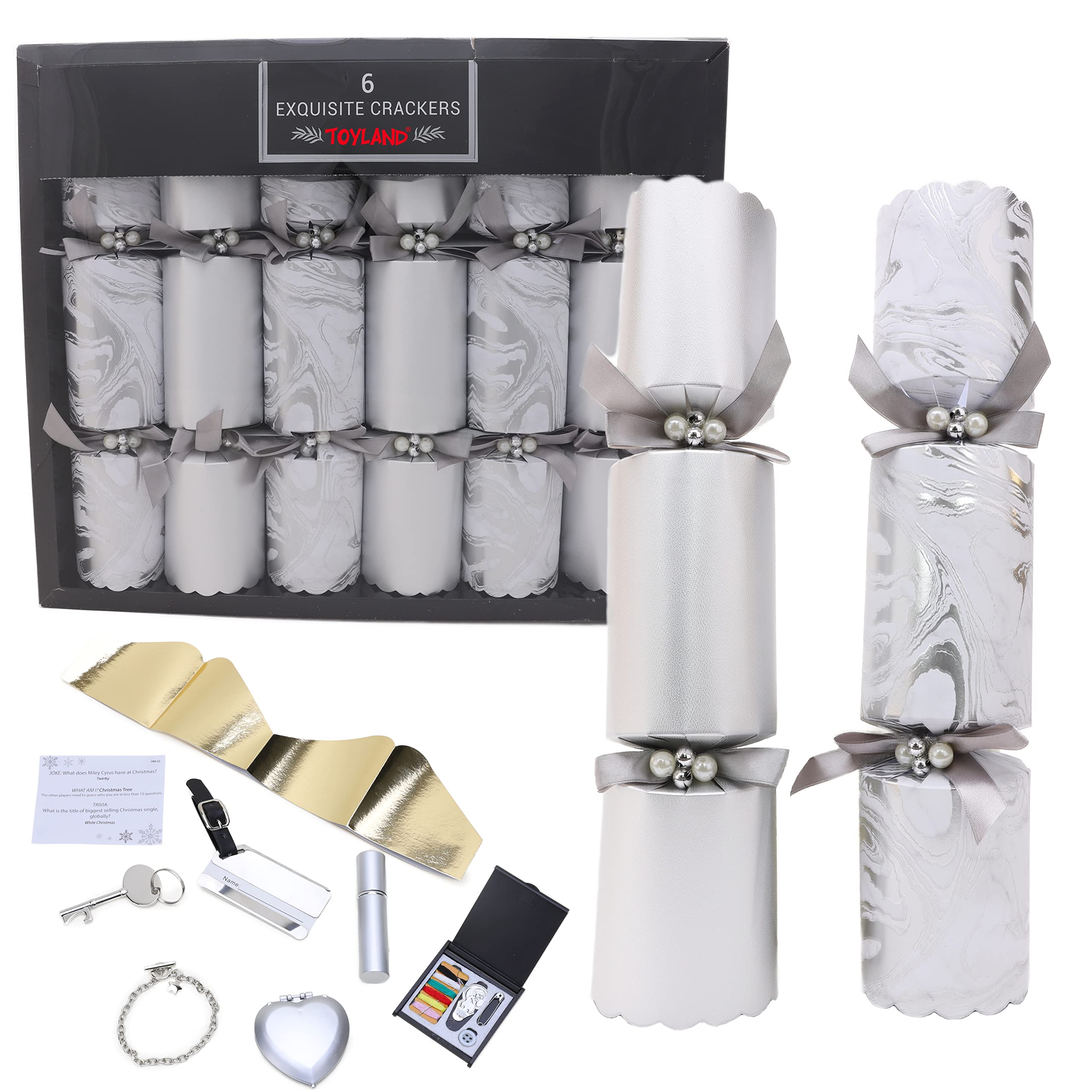 Toyland Silver Toyland® 6 Large Exquisite & Marble Effect Design Christmas Crackers - Gifts, Hats, Mottos & Snaps Included