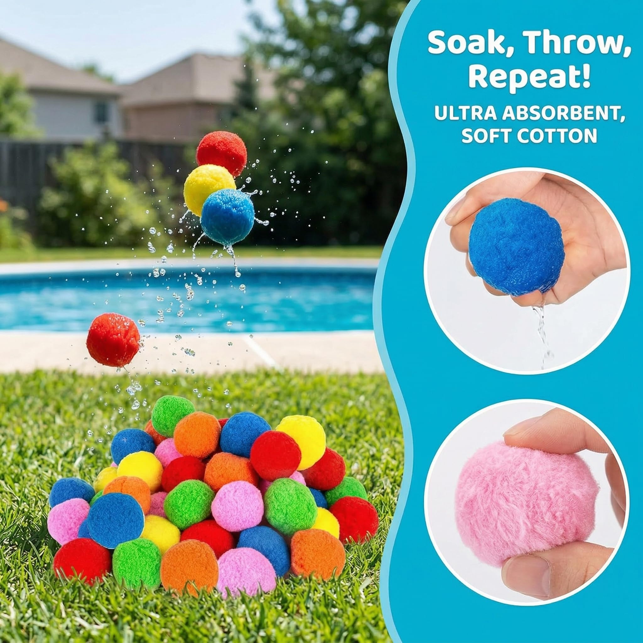 Wasserbomben Wiederverwendbar 50 Stück Splash Bälle, Baumwoll Wasserbomben Selbstschließend für Wasserschlacht Garten Pool Trampolin Sommer Spielzeug Kinder (6 zufällige Farben)