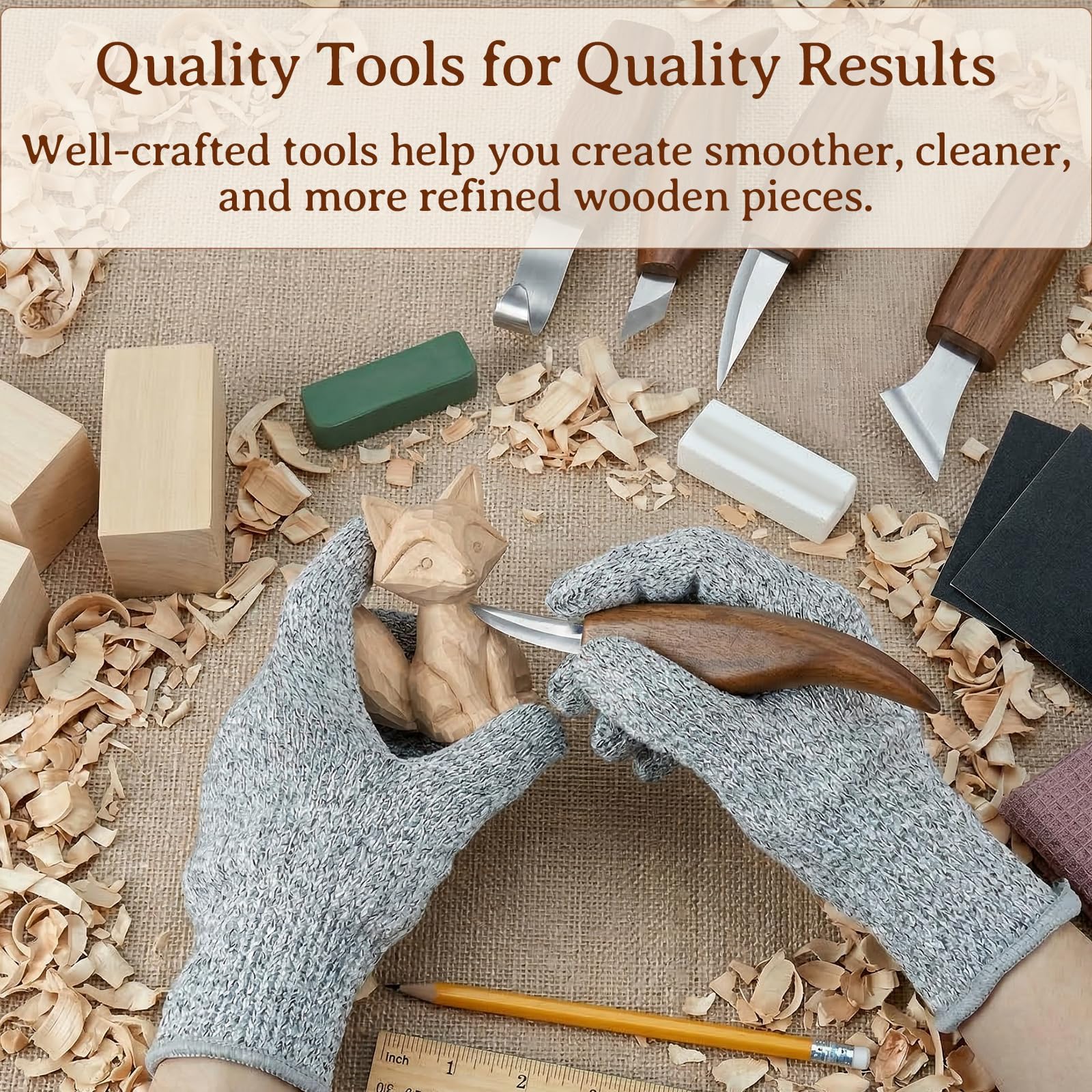 Kit de Tallado en Madera de 26 Piezas, PUYUKO Herramientas para Tallar Madera con 5 Cuchillos, 8 Bloques de Tilo para Tallar, Cuero de Afilar, Bolsa Enrollable y Guantes (26 Piezas)